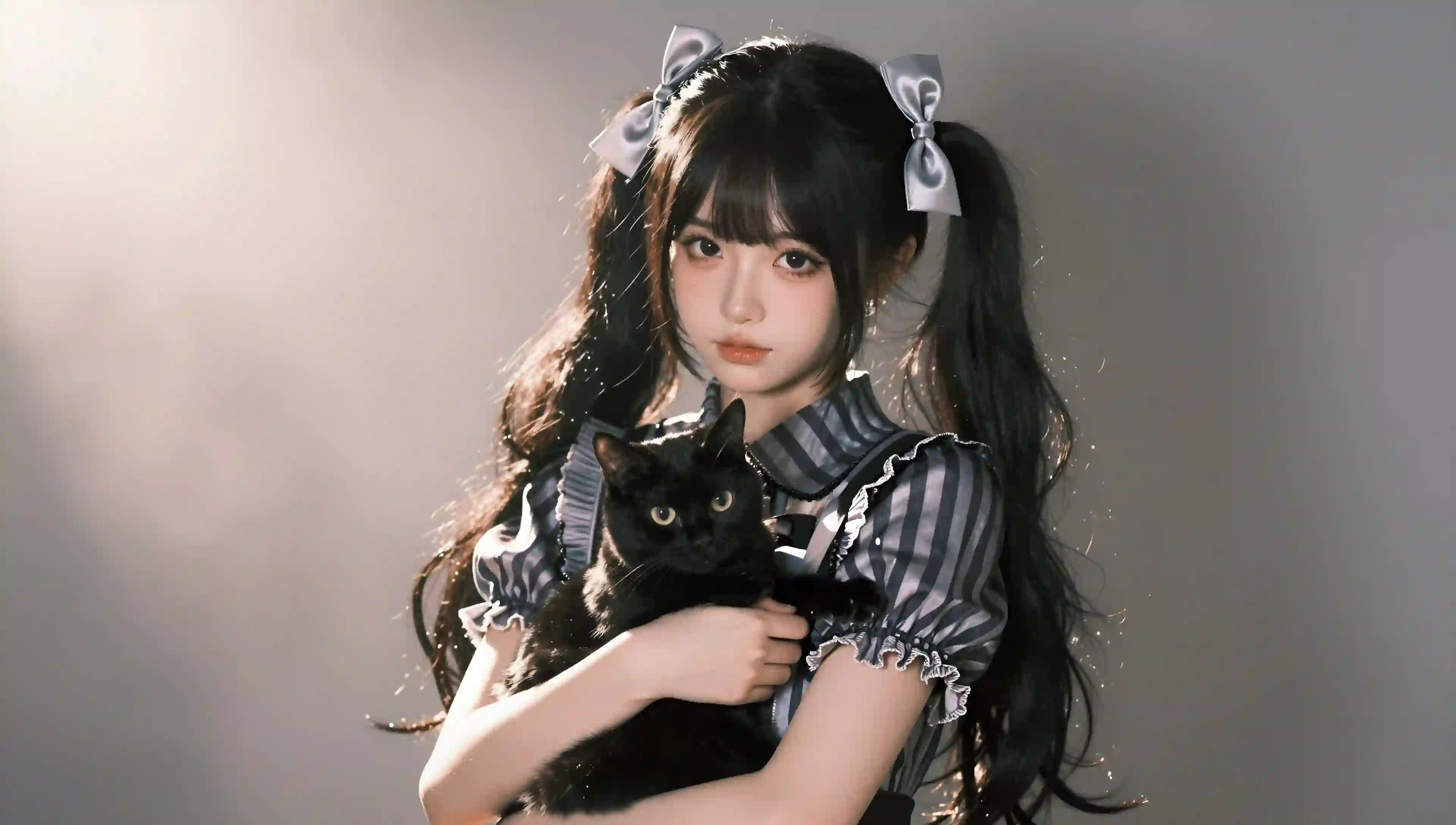 双马尾少女 黑猫 唯美摄影 女生抱猫 蝴蝶结 梦幻光影