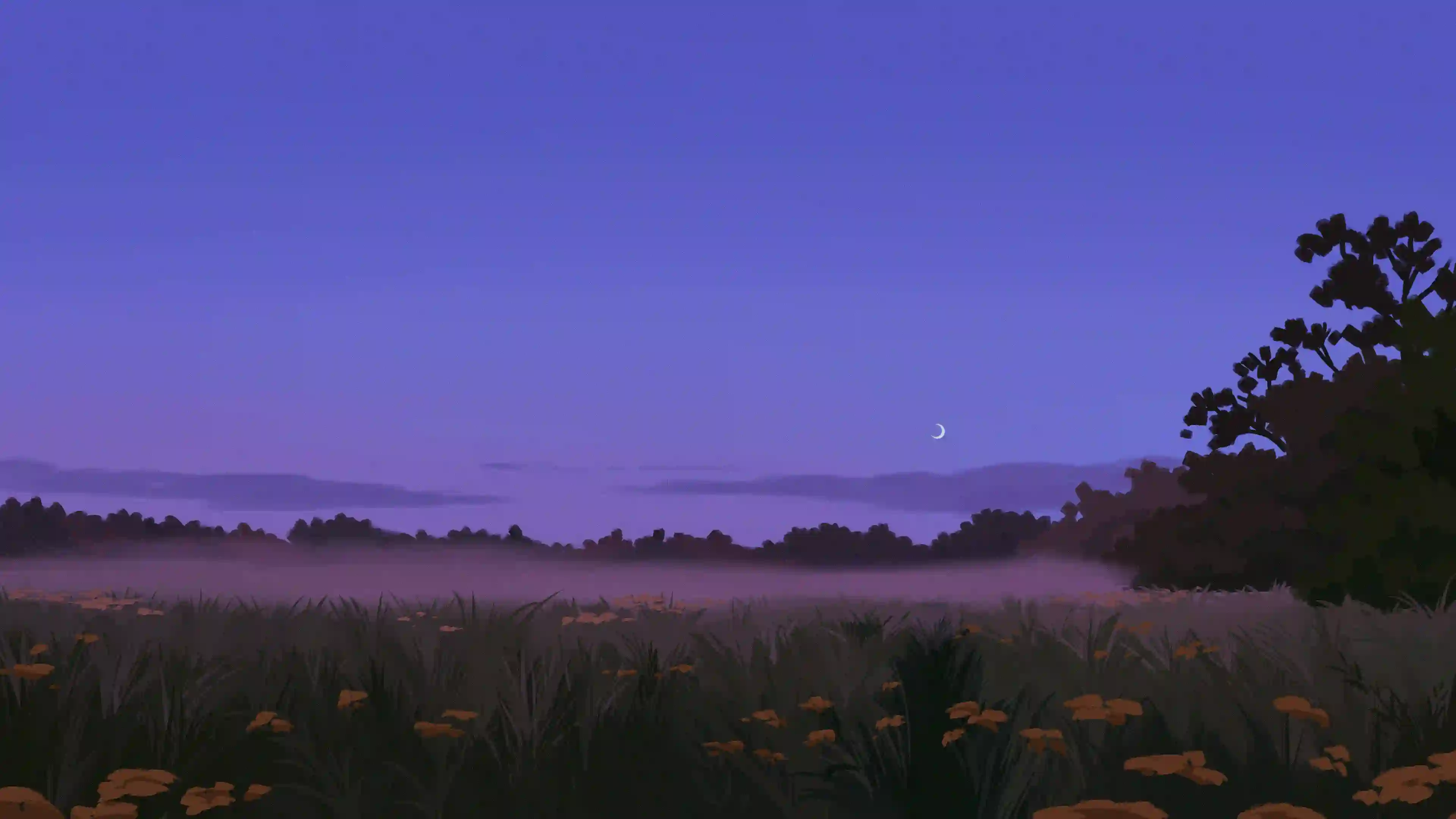 黄昏 风景 插画 新月 草地 雾气