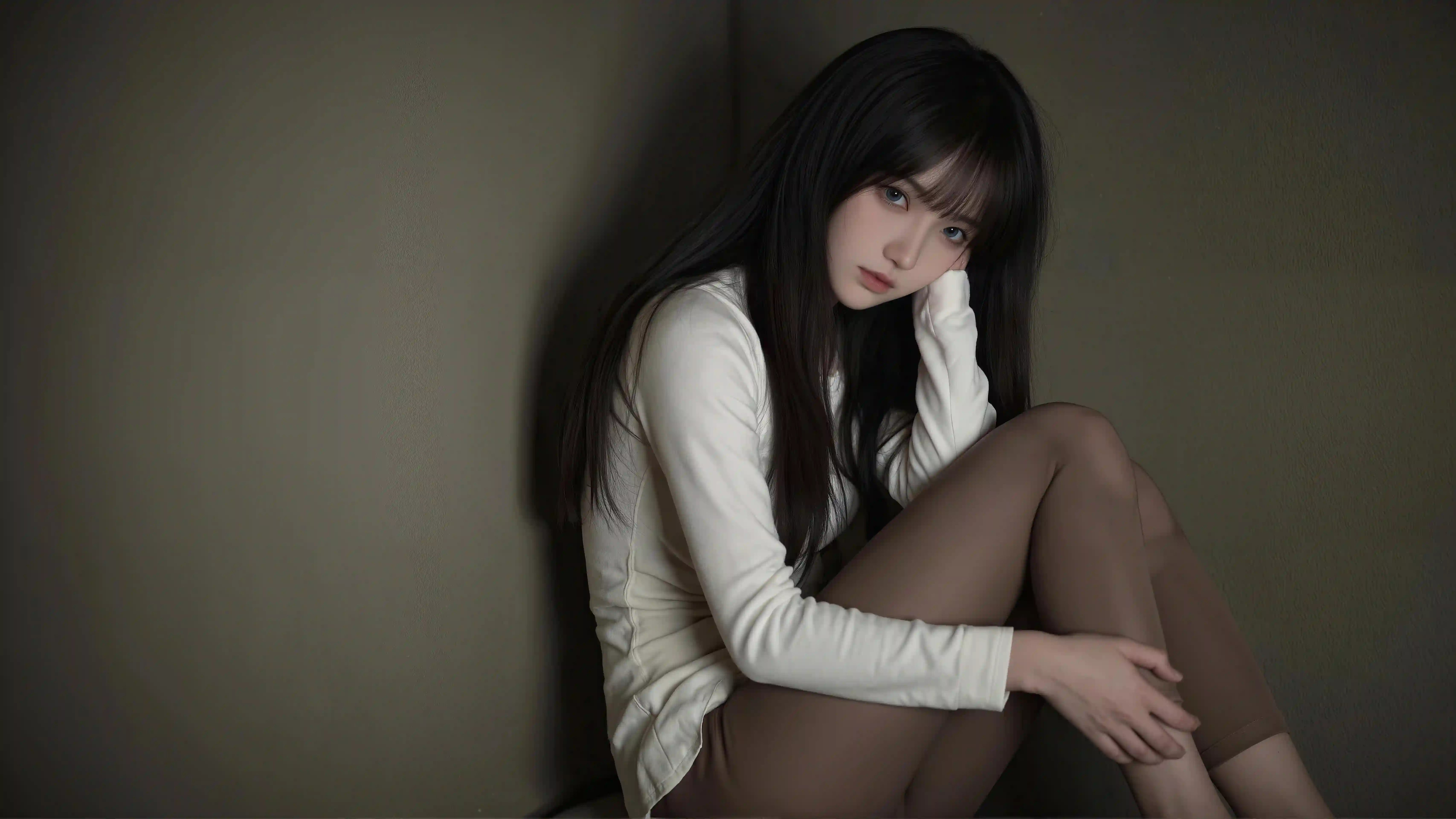 靠在墙边的长发白衣女孩 