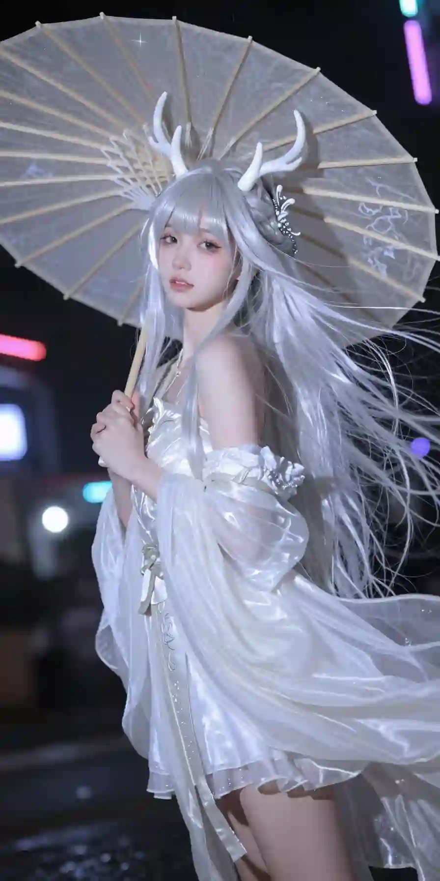 可爱 小龙人 白色长发 飘逸薄纱长裙 伞 