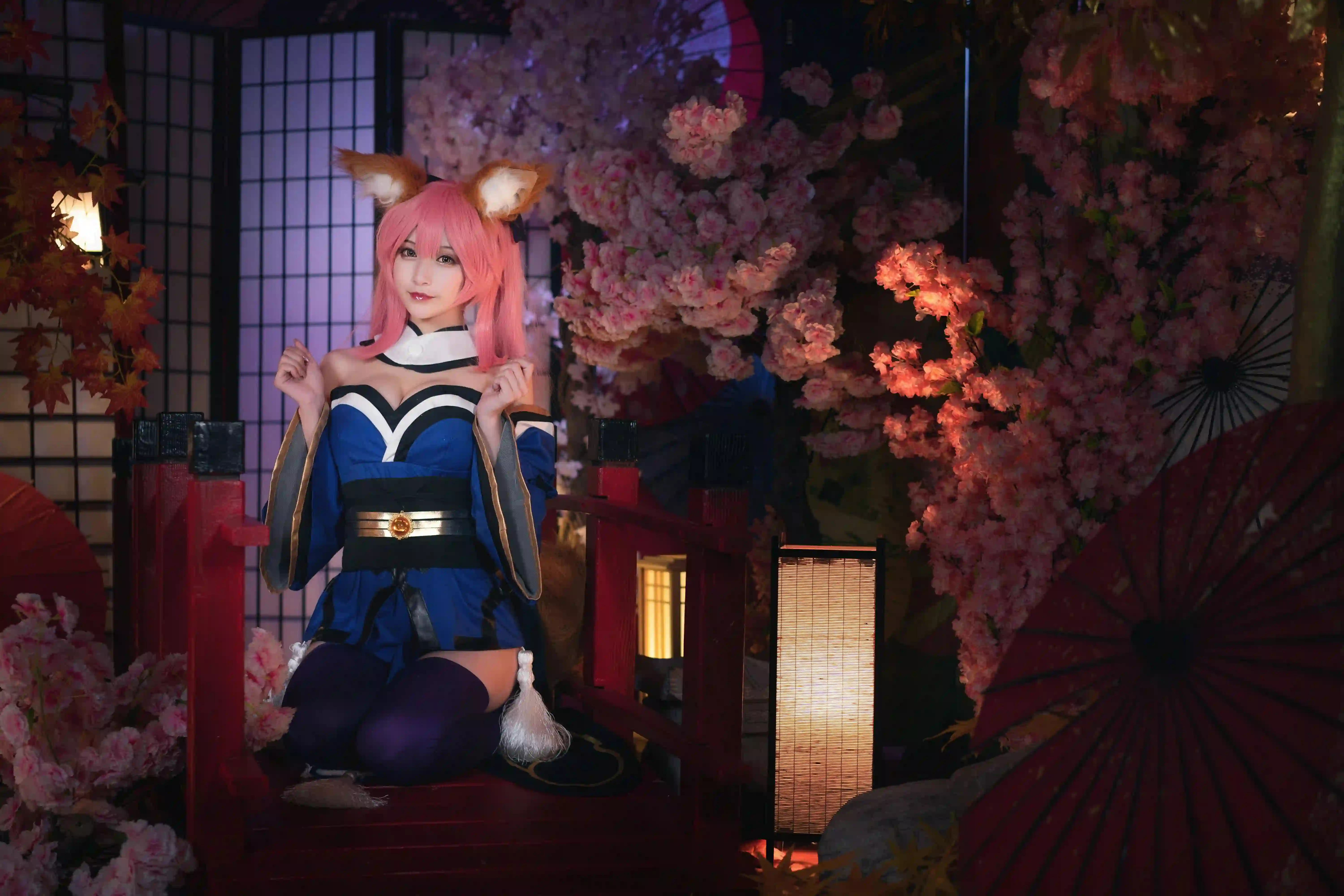 樱花 狐耳 少女 cosplay 日式 唯美 壁纸