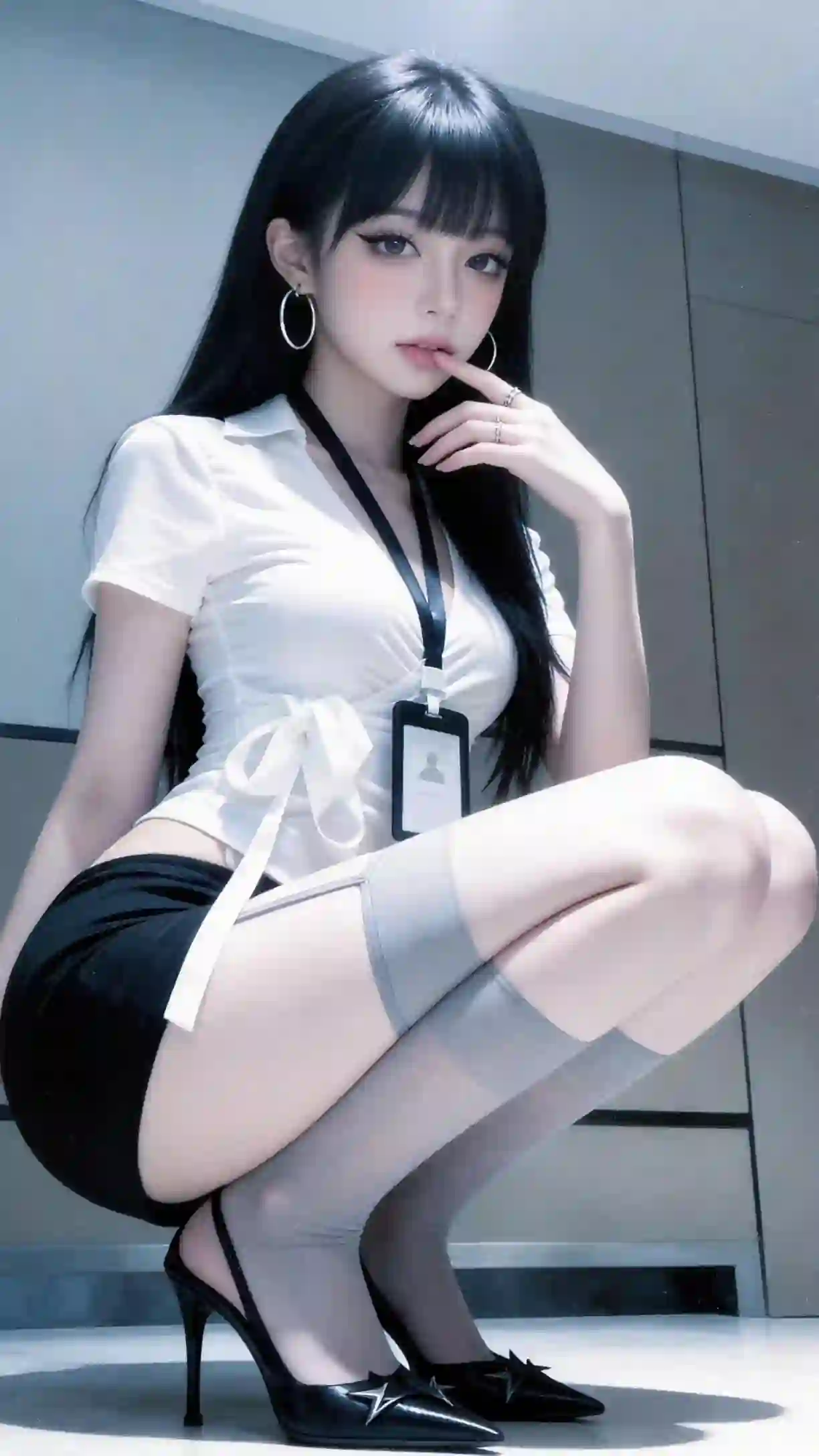 白衬衫 黑短裙 丝袜美女 职业穿搭 性感写真 蹲姿