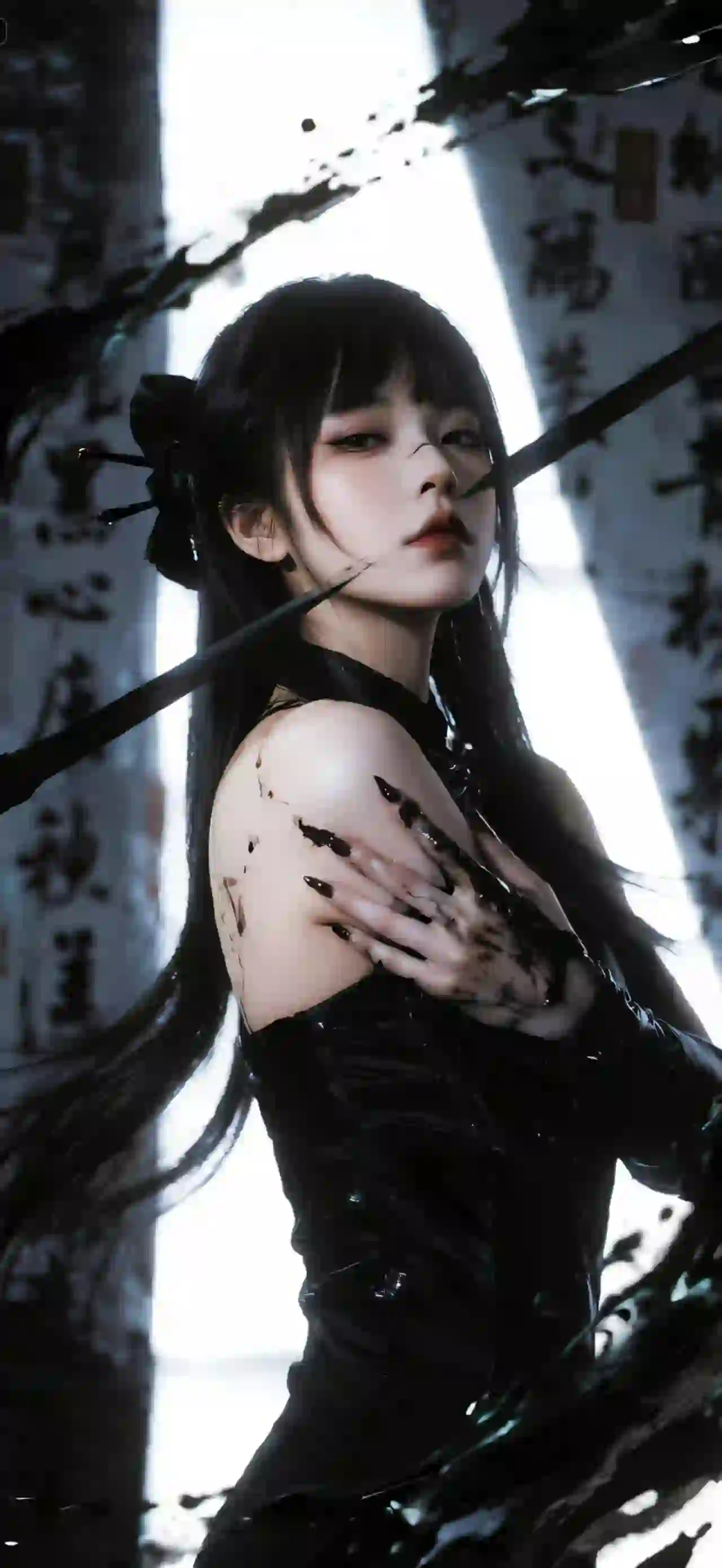 古风文字 汉字 黑色皮衣美女 唯美 墨水