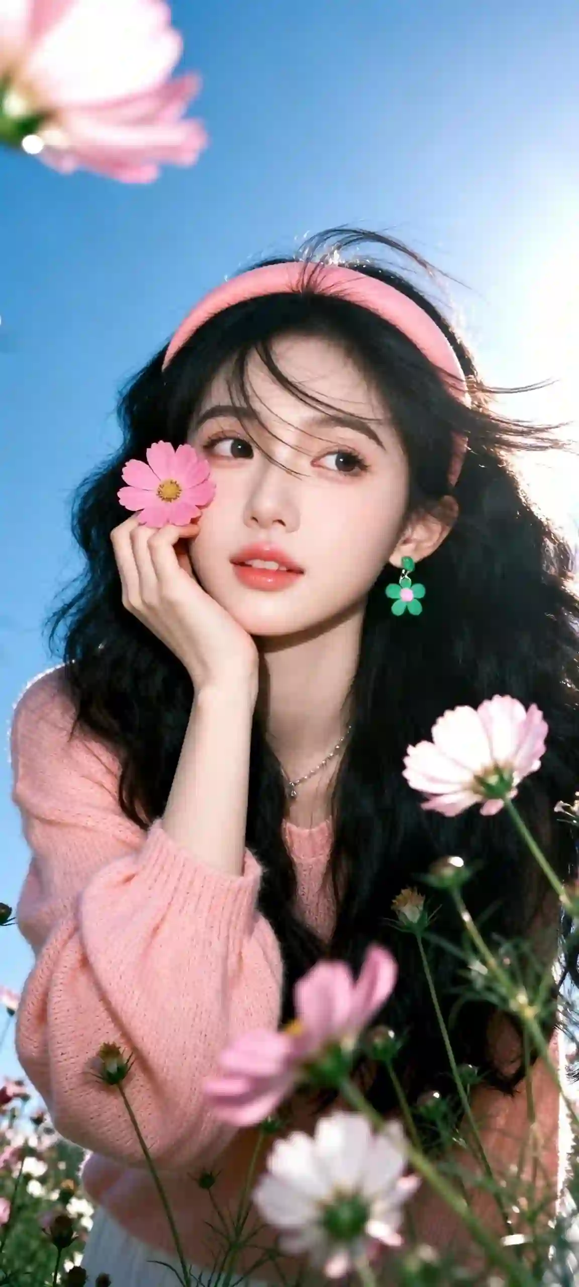 少女 写真 花海 波斯菊 清新 阳光 人像