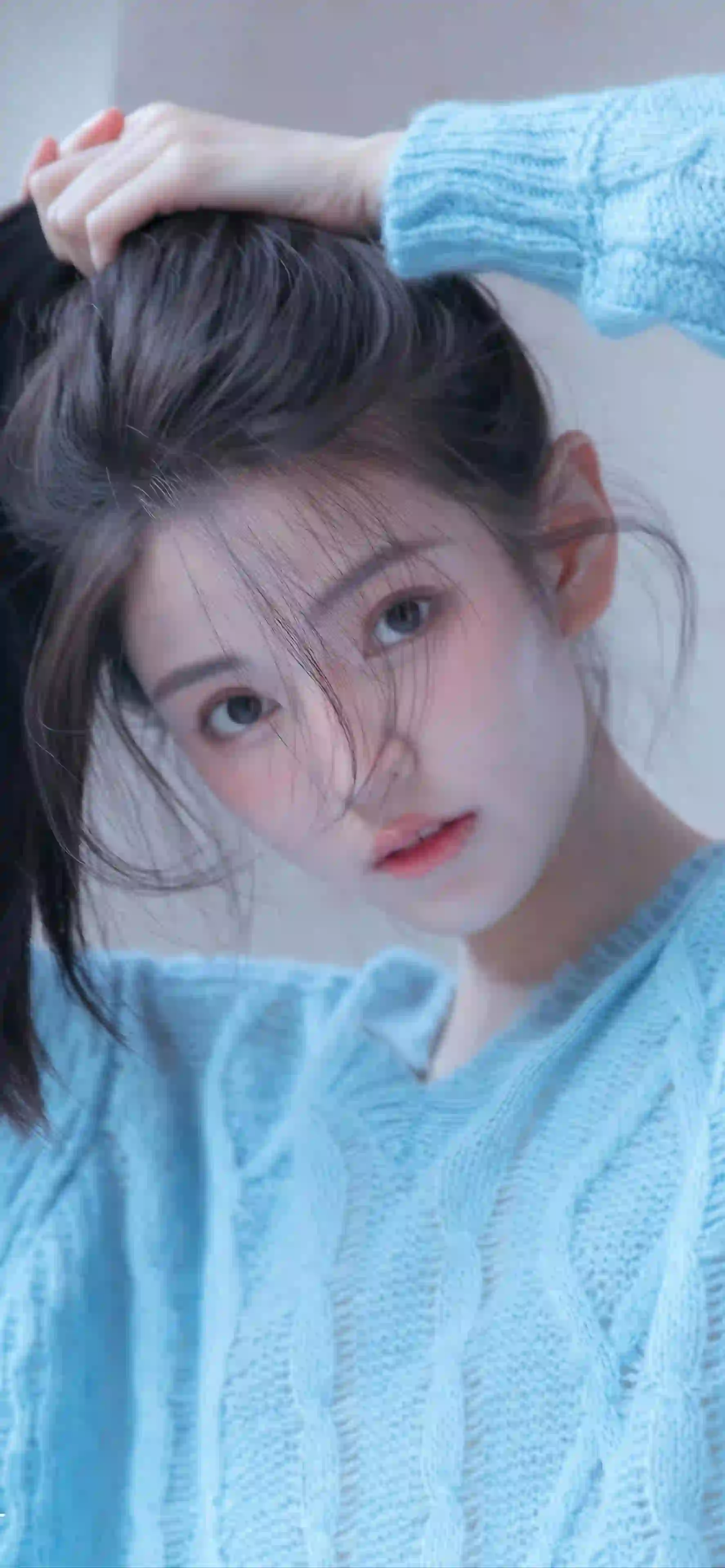 长发美女 清纯美女 毛线衣 蓝色毛线衣