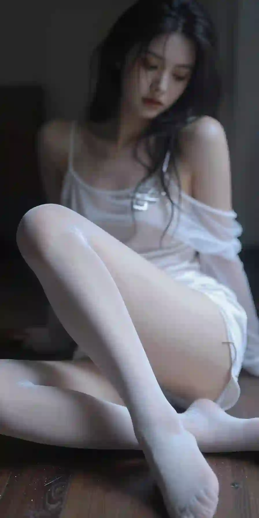 长腿丝袜 性感美女 白色吊带长裙 居家 颓废