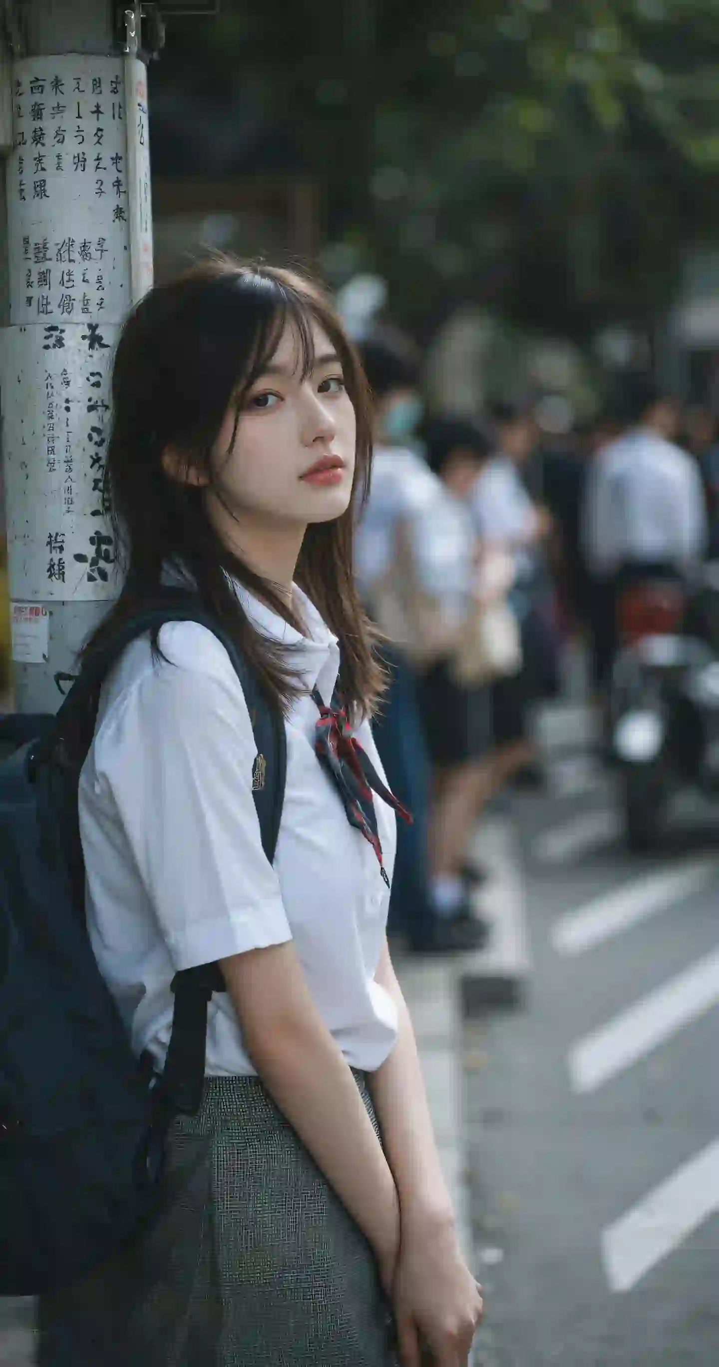 长发美女 jk穿搭 白色衬衫 户外 街道