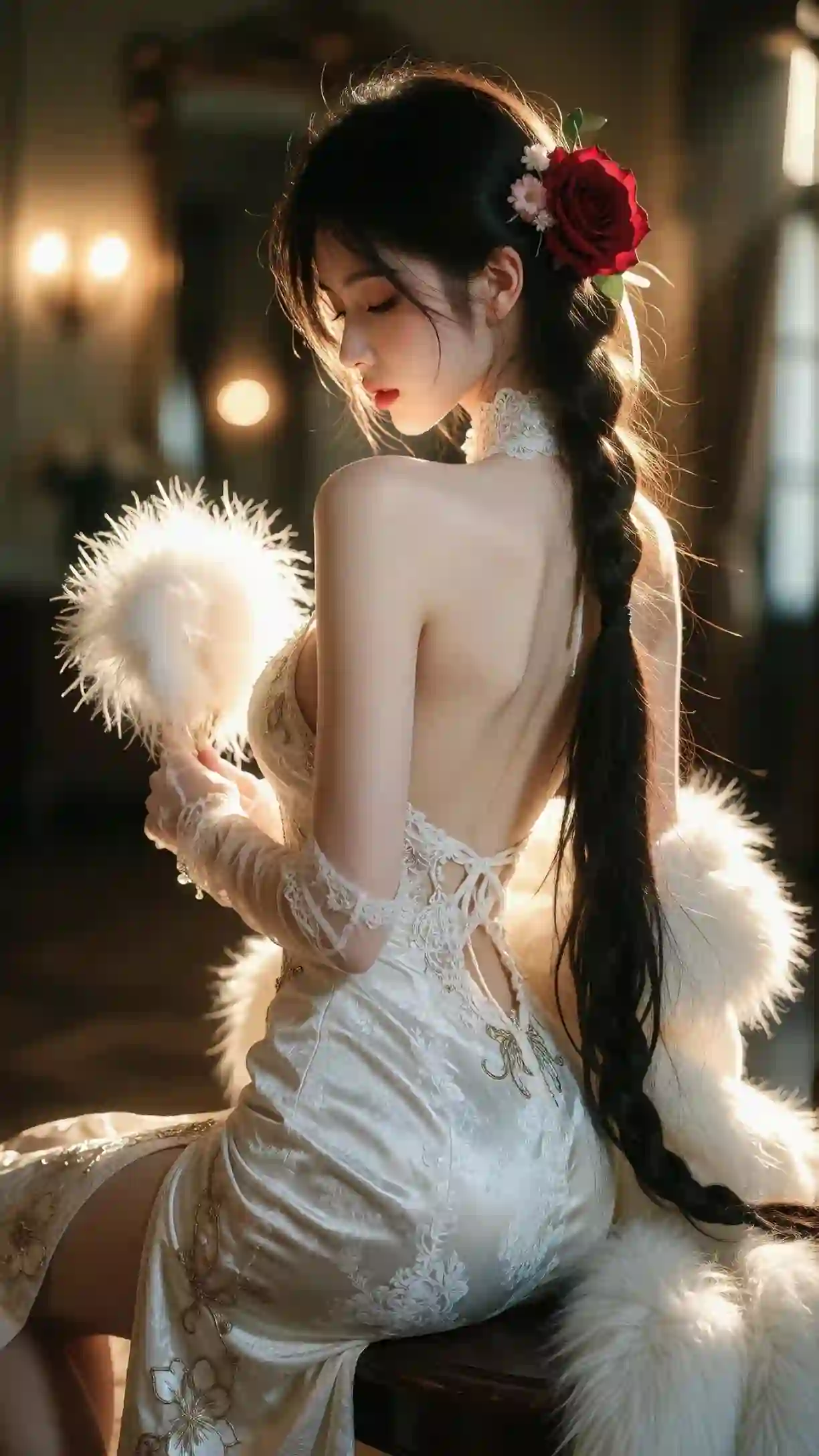 白色露背裙 麻花辫 玫瑰发饰 优雅少女 暖光写真