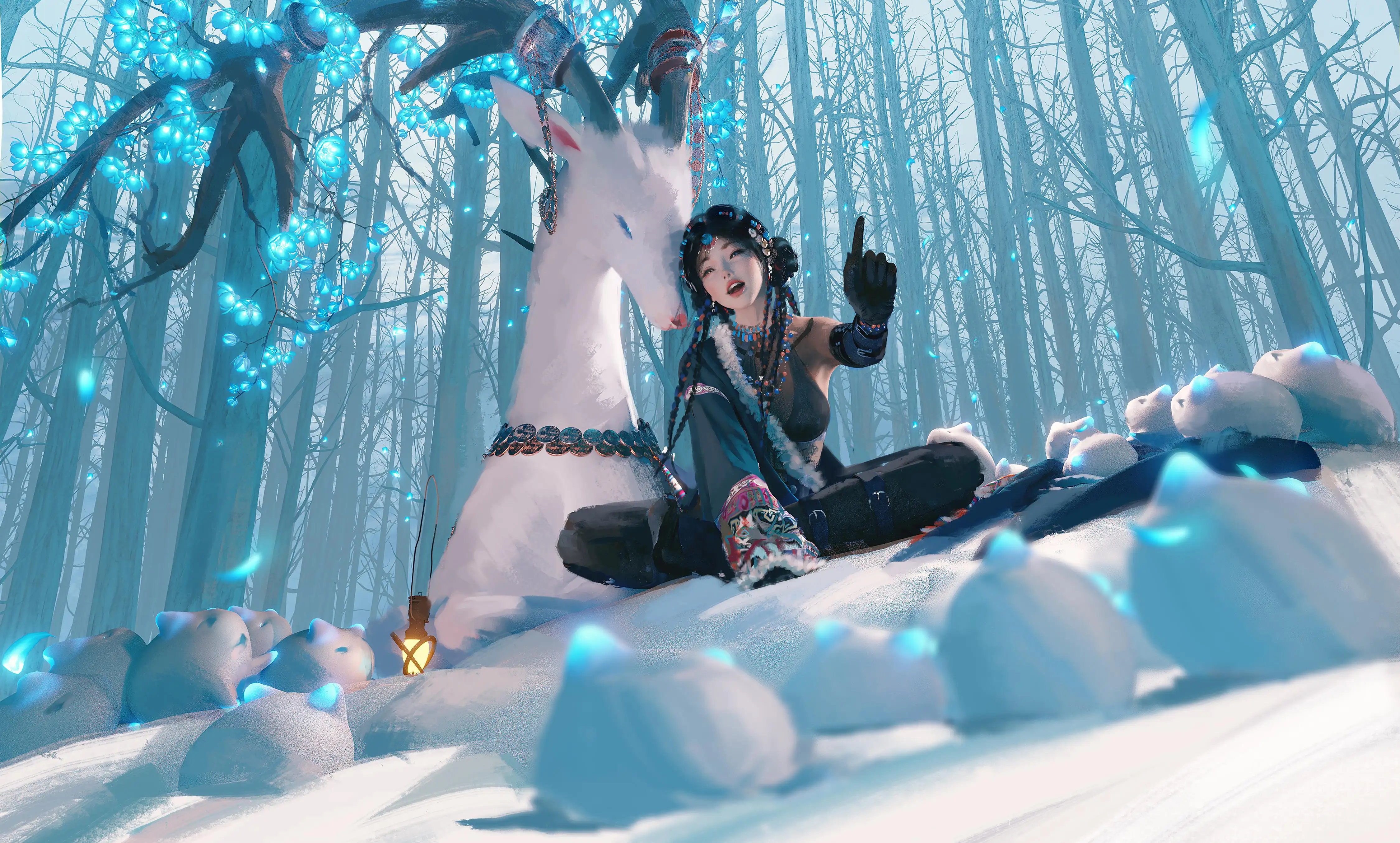 森林里面分鹿少女｜雪地｜女孩｜wlop