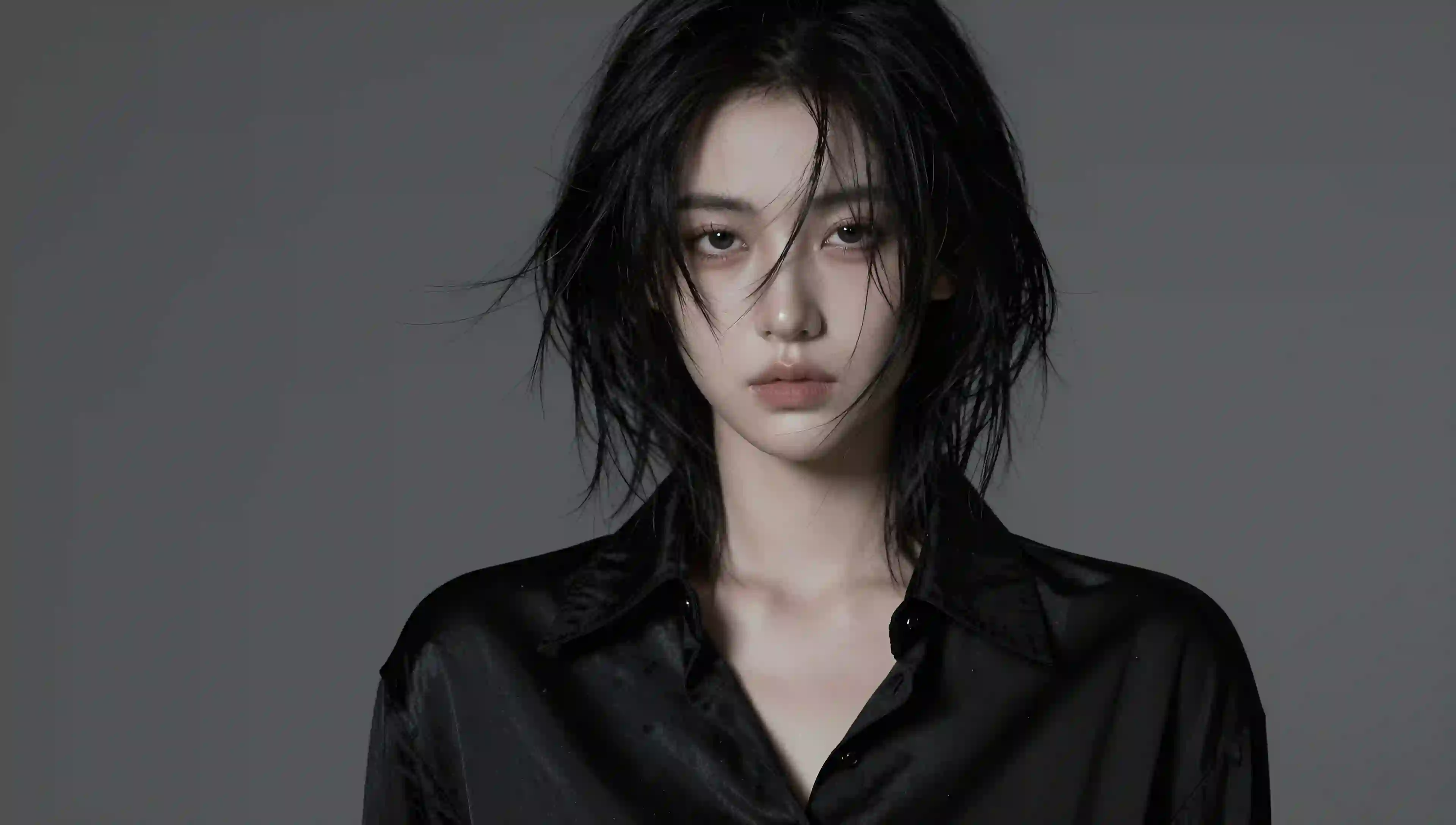 时尚女性 黑色衬衫 灰色背景 人像摄影 冷酷表情