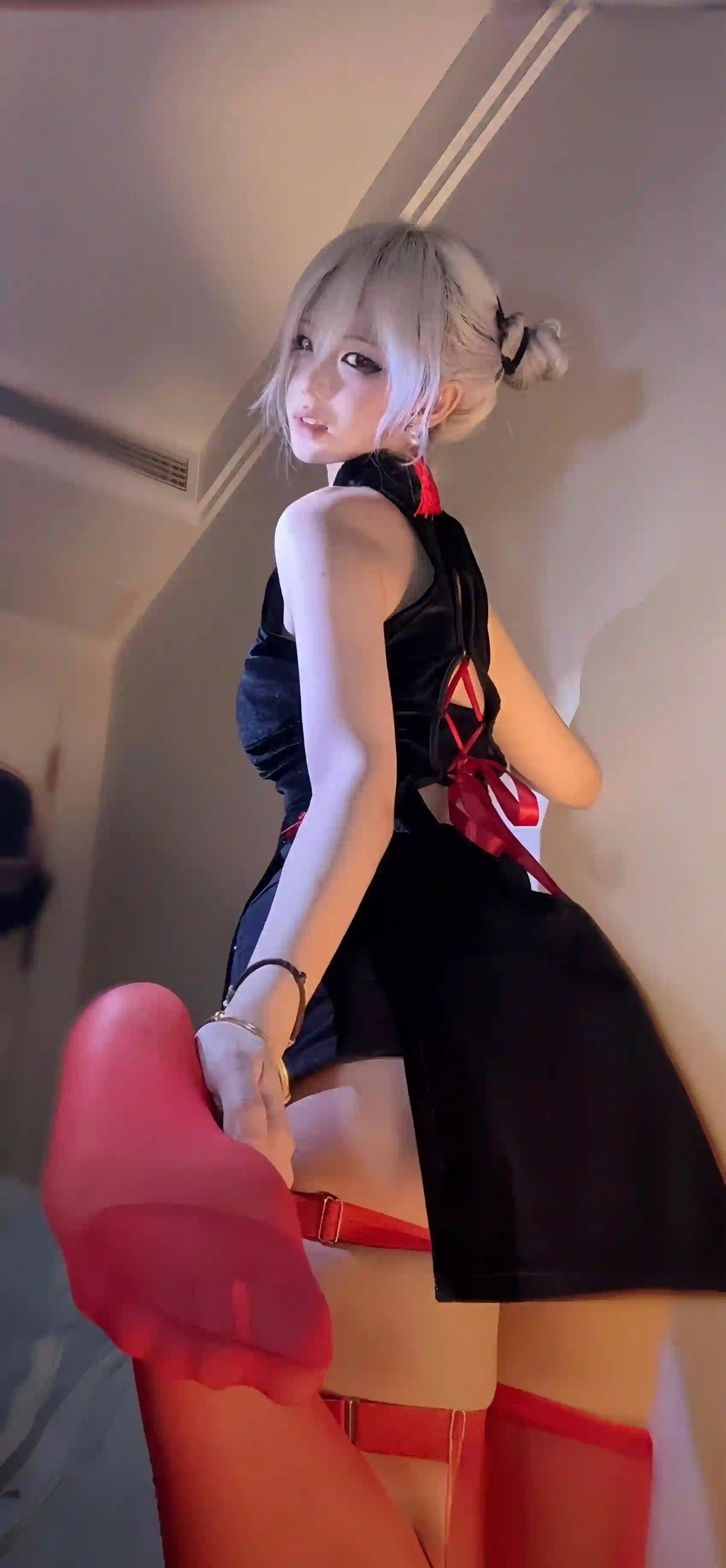 长发性感美女 丝袜 红色丝袜 背影 性感