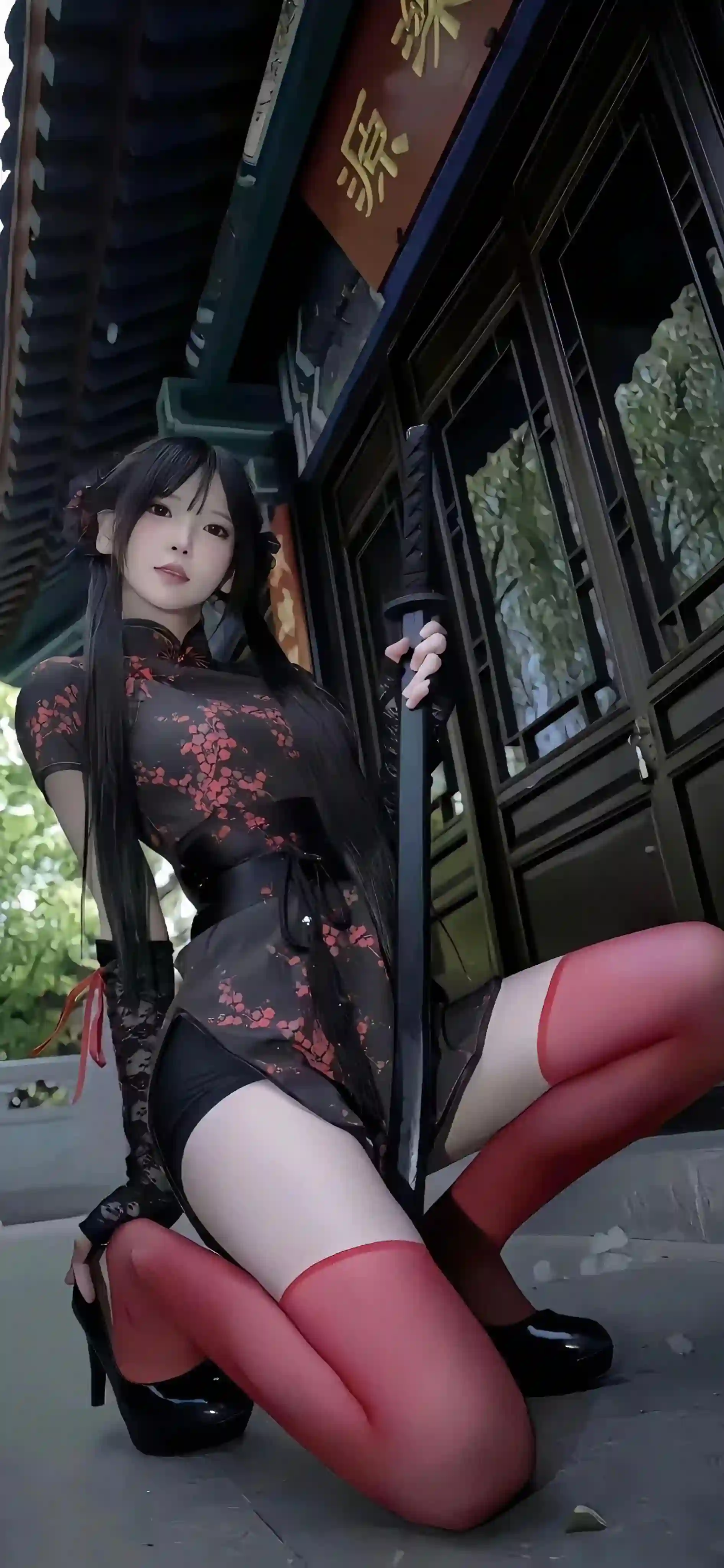 旗袍美女 红色丝袜 户外