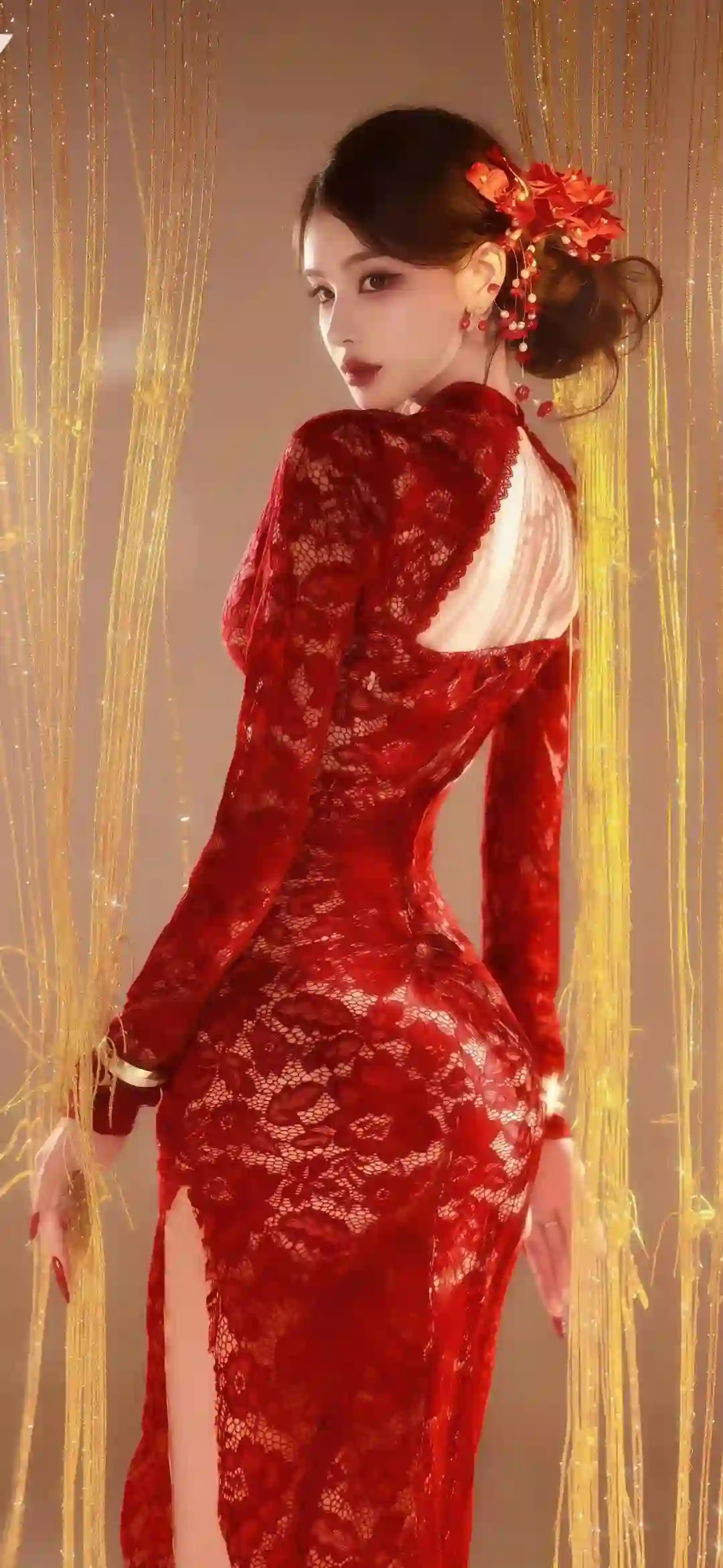 红色蕾丝旗袍 金色流苏 优雅美女 写真 高级感