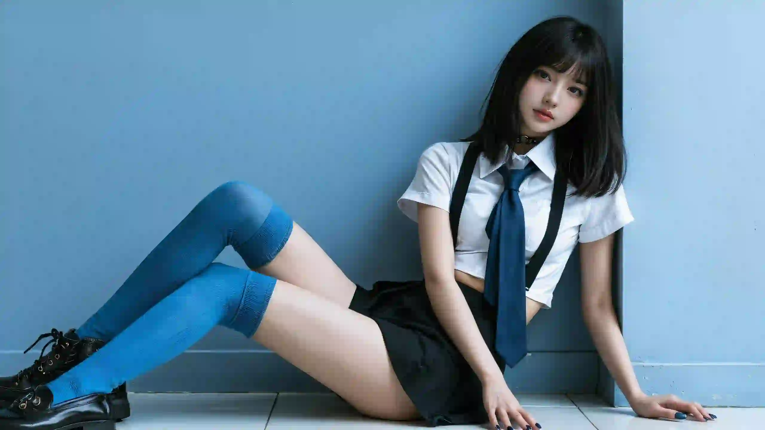 长发清纯美女 长腿 蓝色袜子 