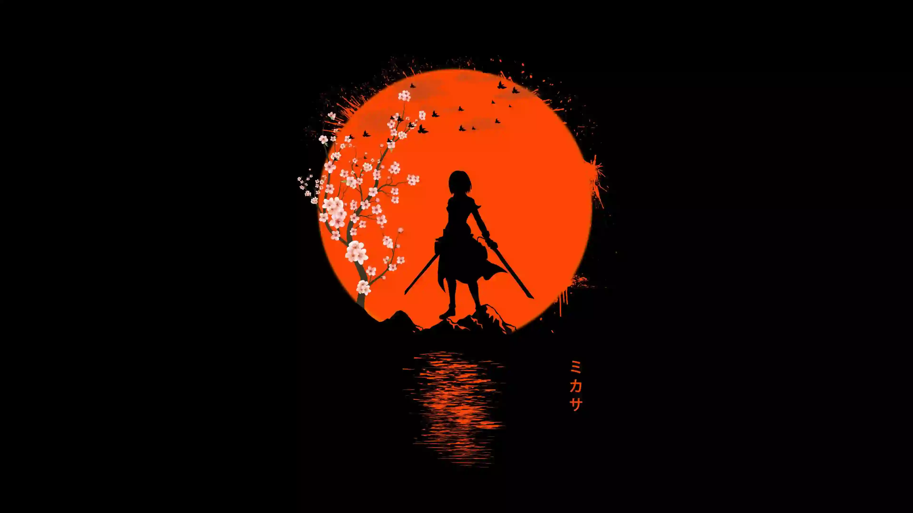 动漫 二次元 红色血月 极简 剪影 纯黑色背景