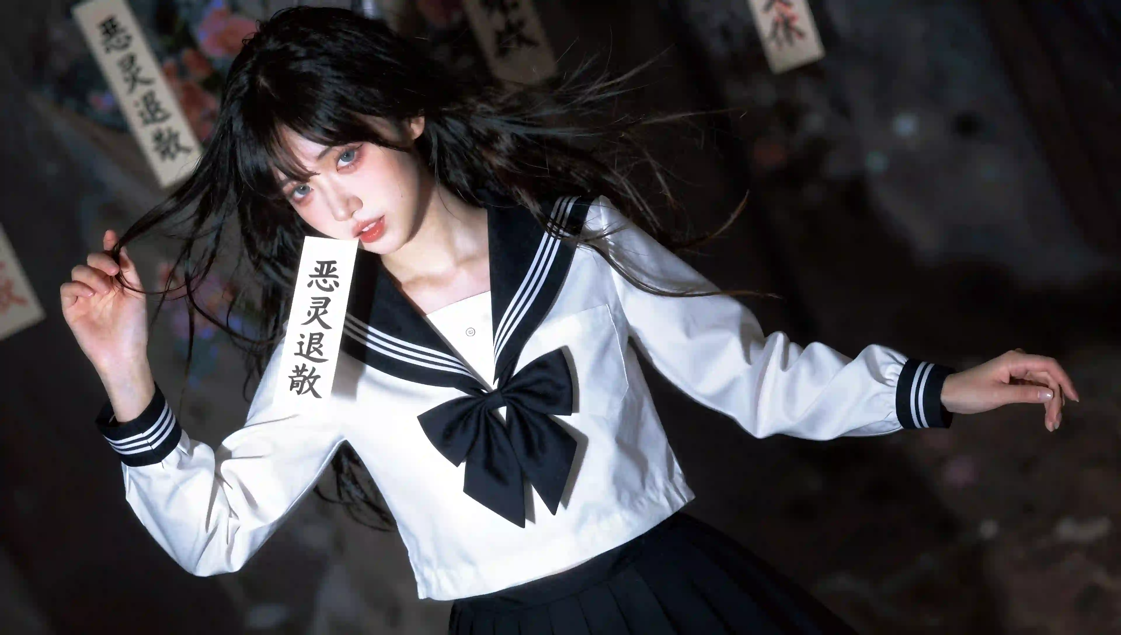 长发jk美女 符咒 清纯 纯欲 超现实主义 个性 白色衣服