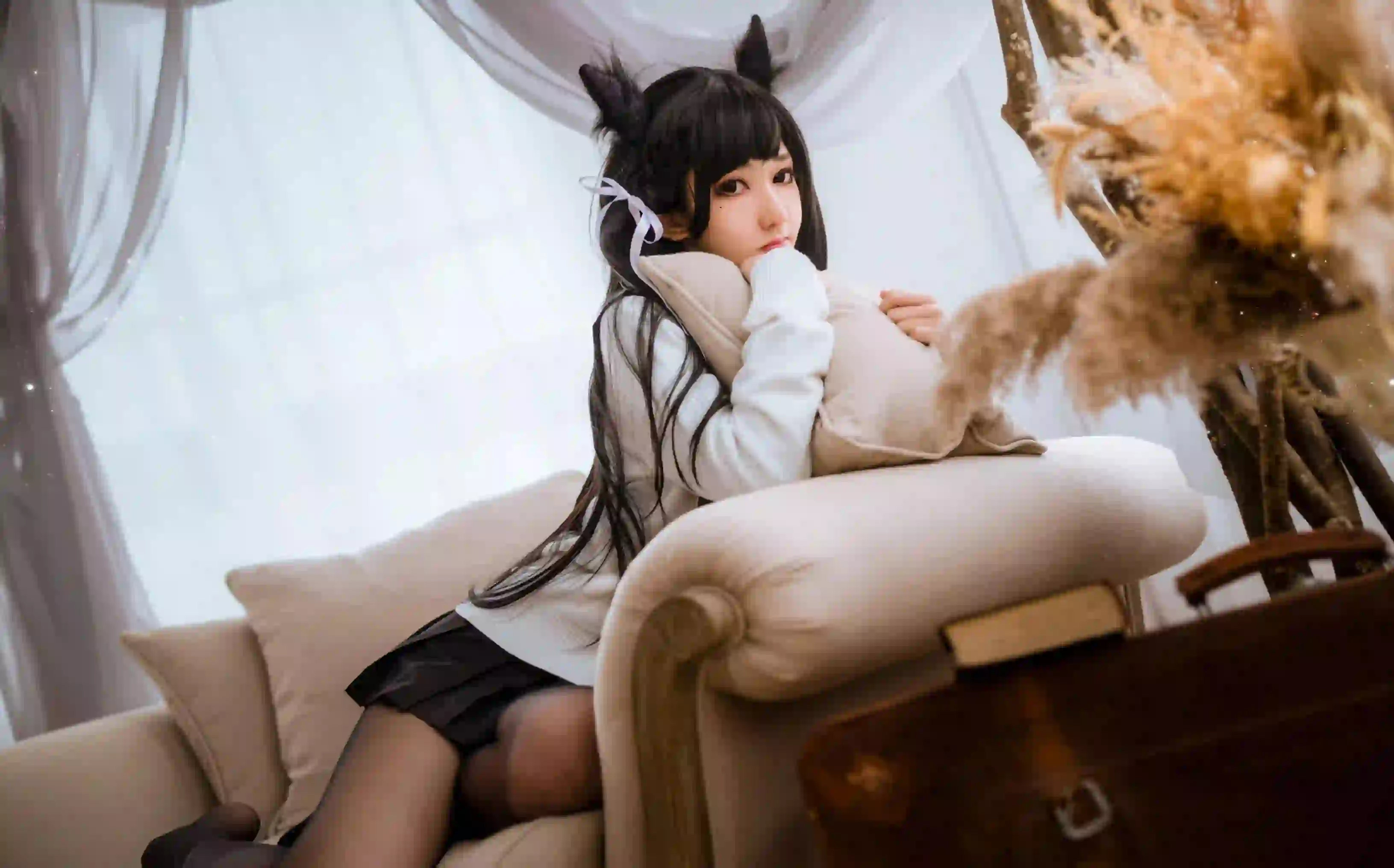 可爱 猫耳女孩 长发美女 黑丝美腿 jk穿搭 丝袜 居家