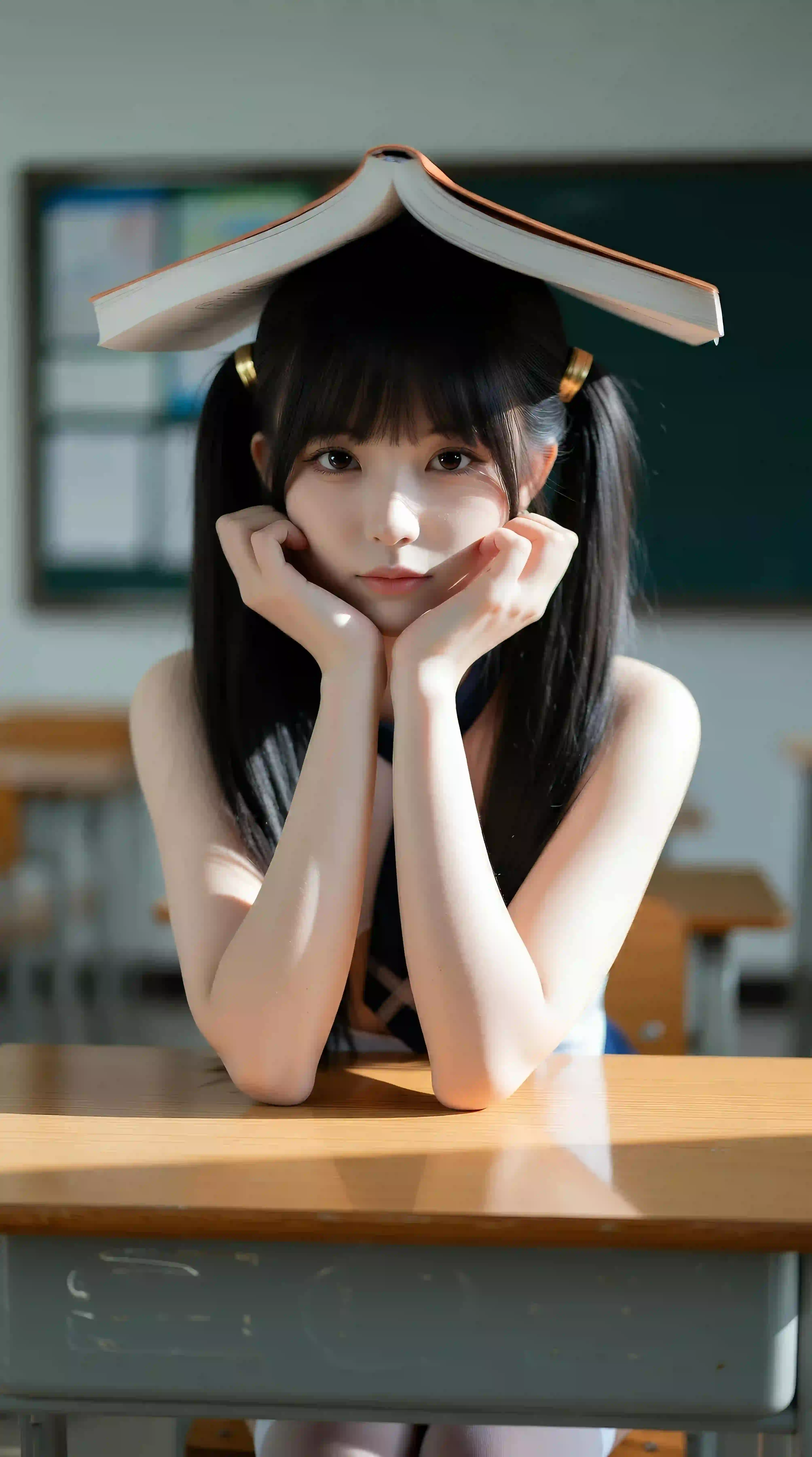 双马尾女孩 长发美女 白色丝袜 小清新 书本