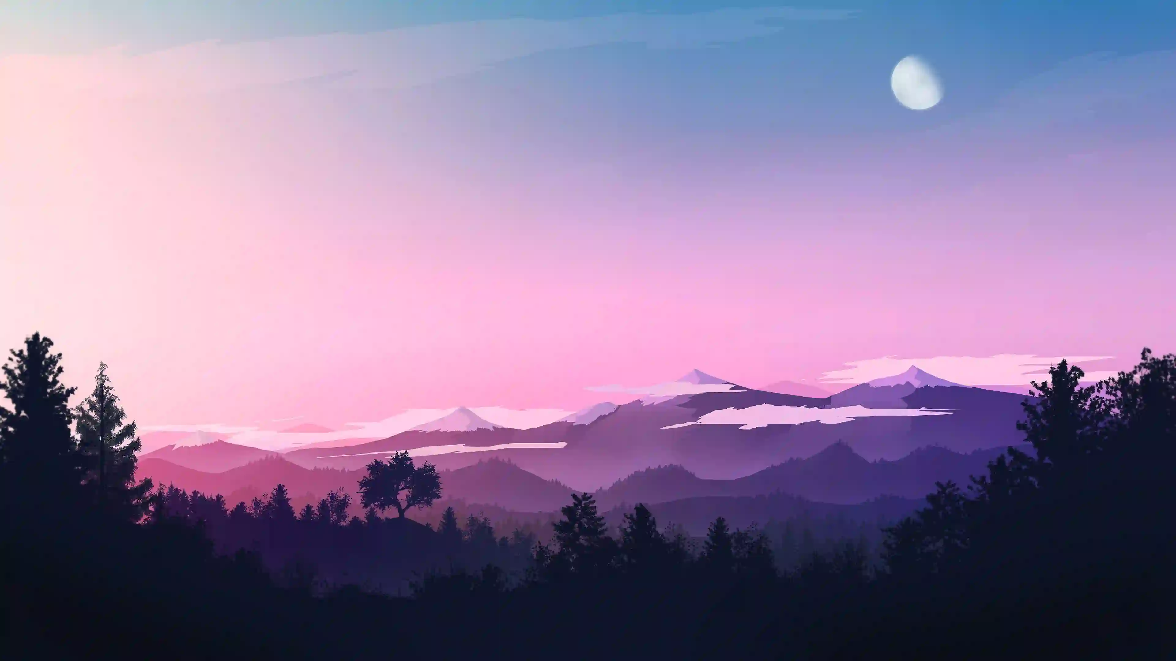 风景 壁纸 黄昏 山脉 月亮 插画