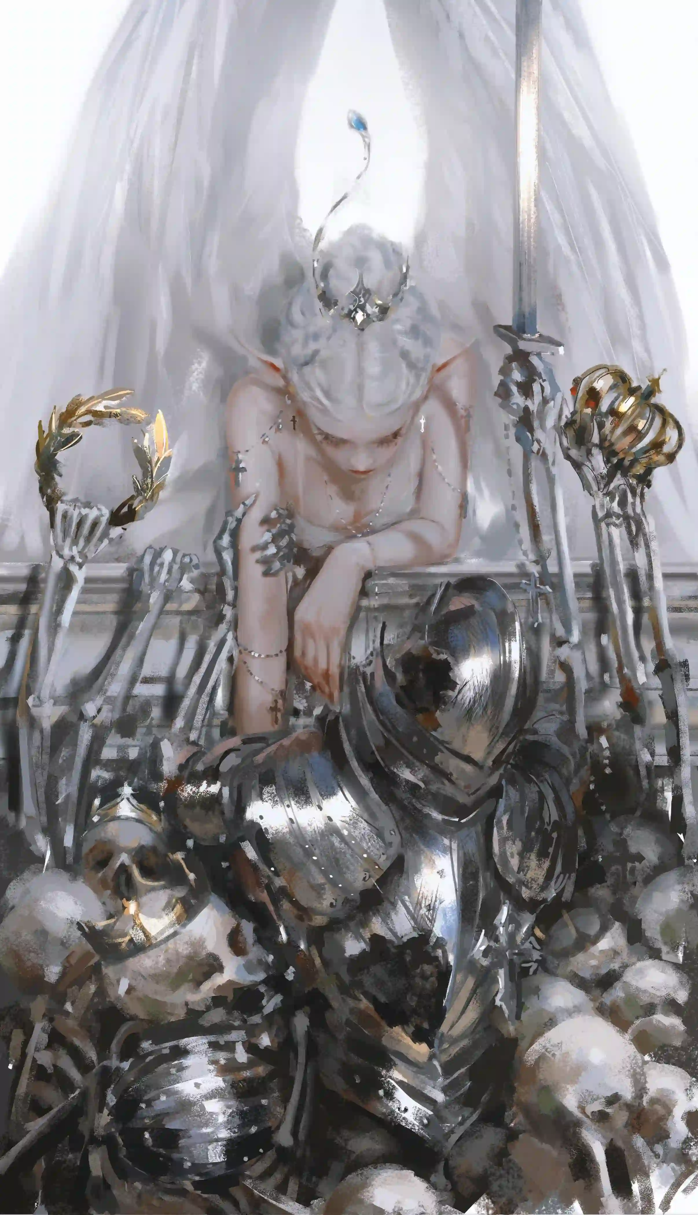 暗黑奇幻 银发女神 骑士盔甲 骷髅堆 插画艺术