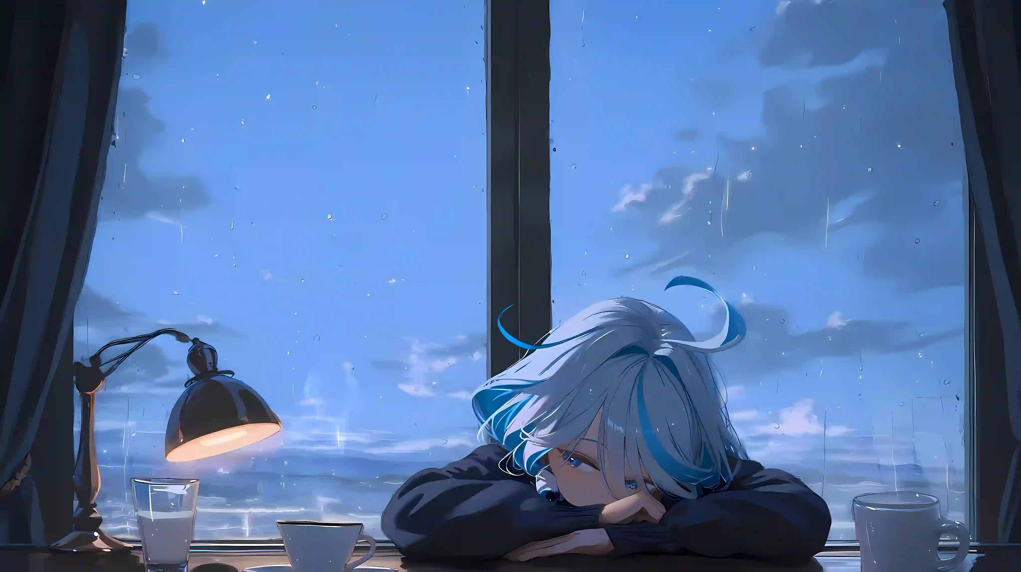 蓝发动漫少女 窗边趴桌 雨天海景 治愈壁纸 蓝色调
