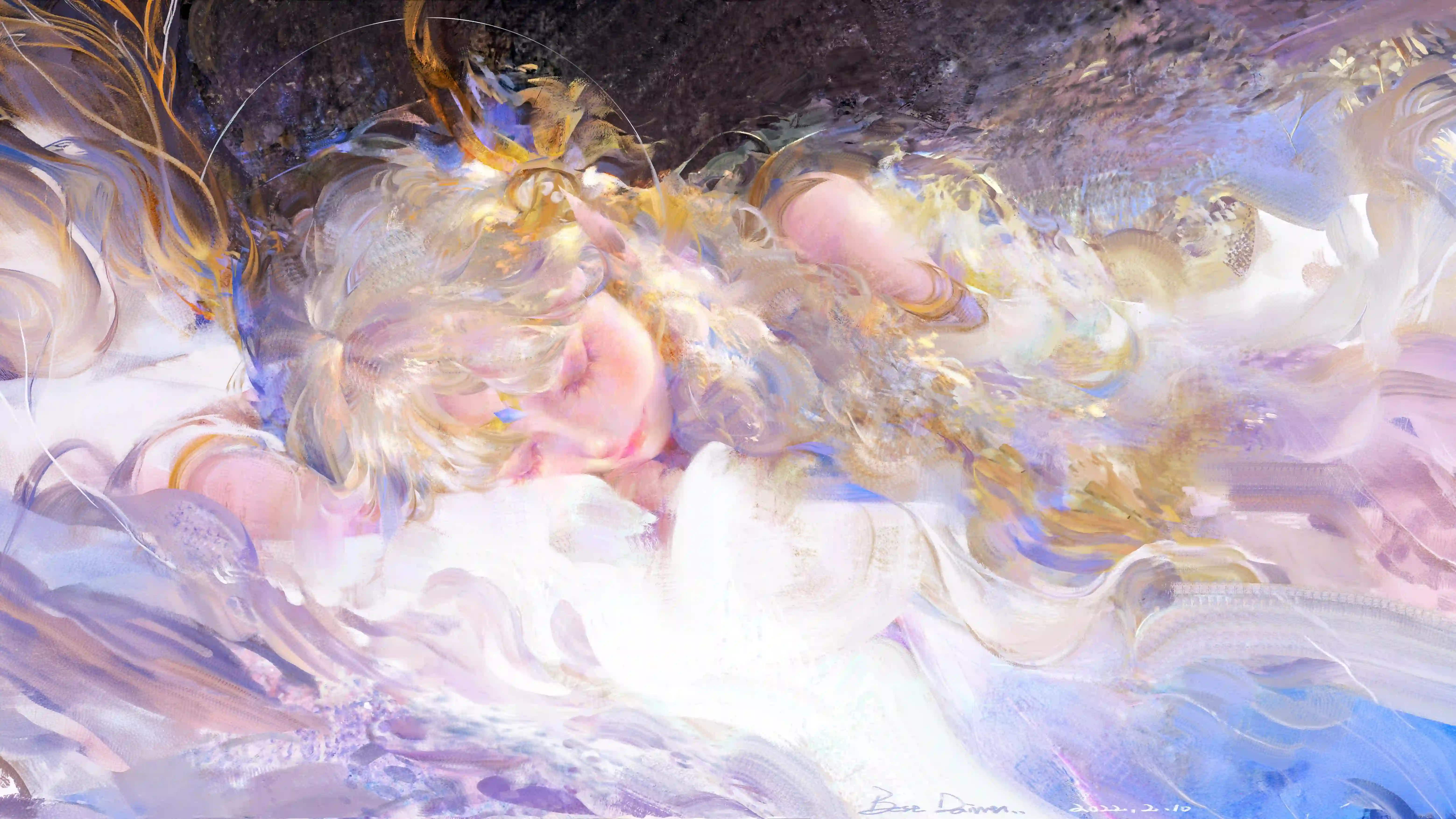 梦幻油画 少女沉睡 金发 闭眼 唯美画作 超现实主义 治愈