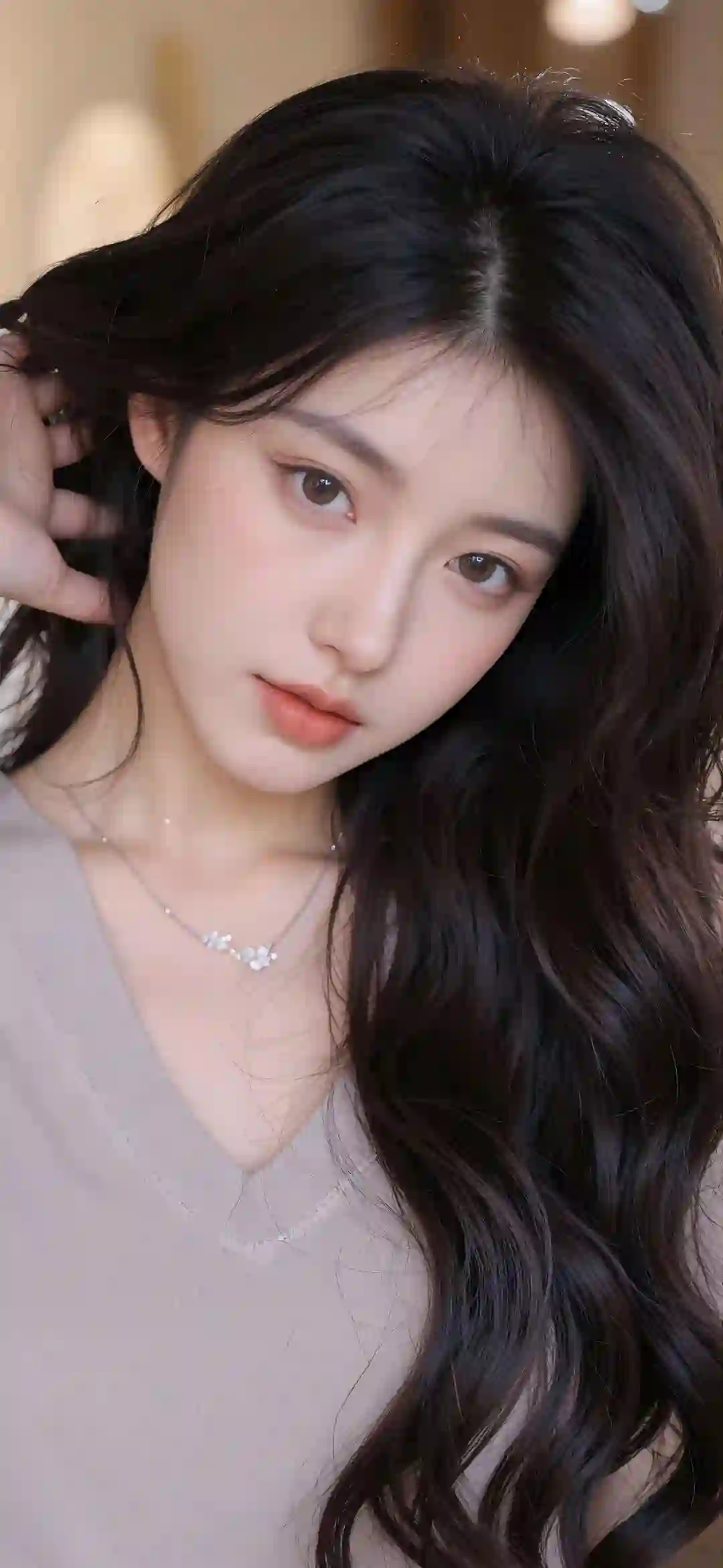 美女 特写 黑色长发 项链 室内