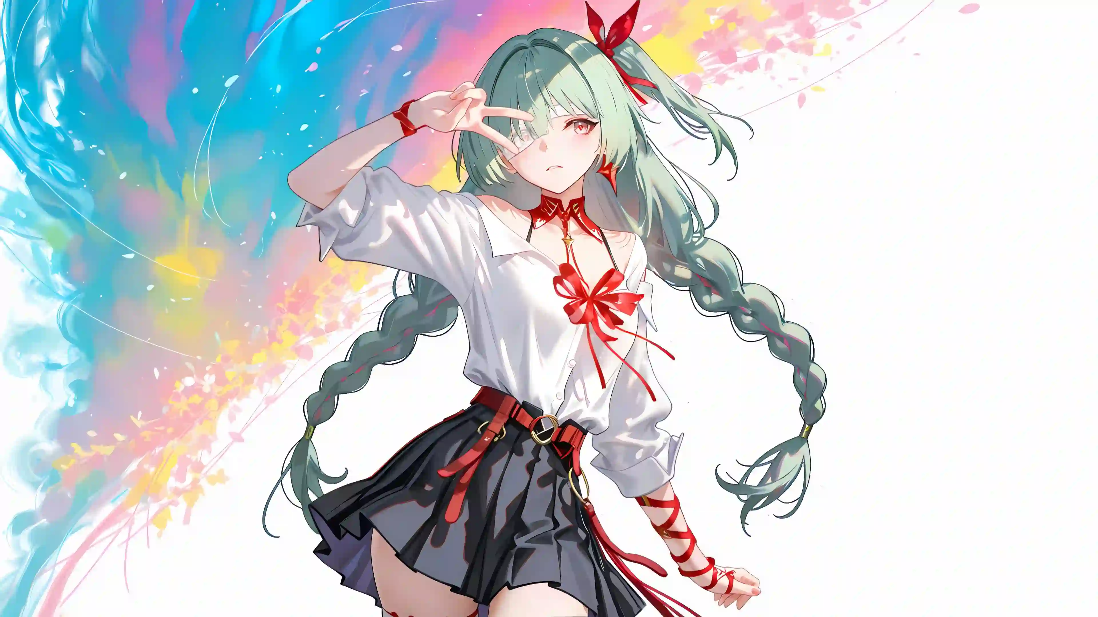动漫少女 双马尾 绿发 红眼 手机壁纸