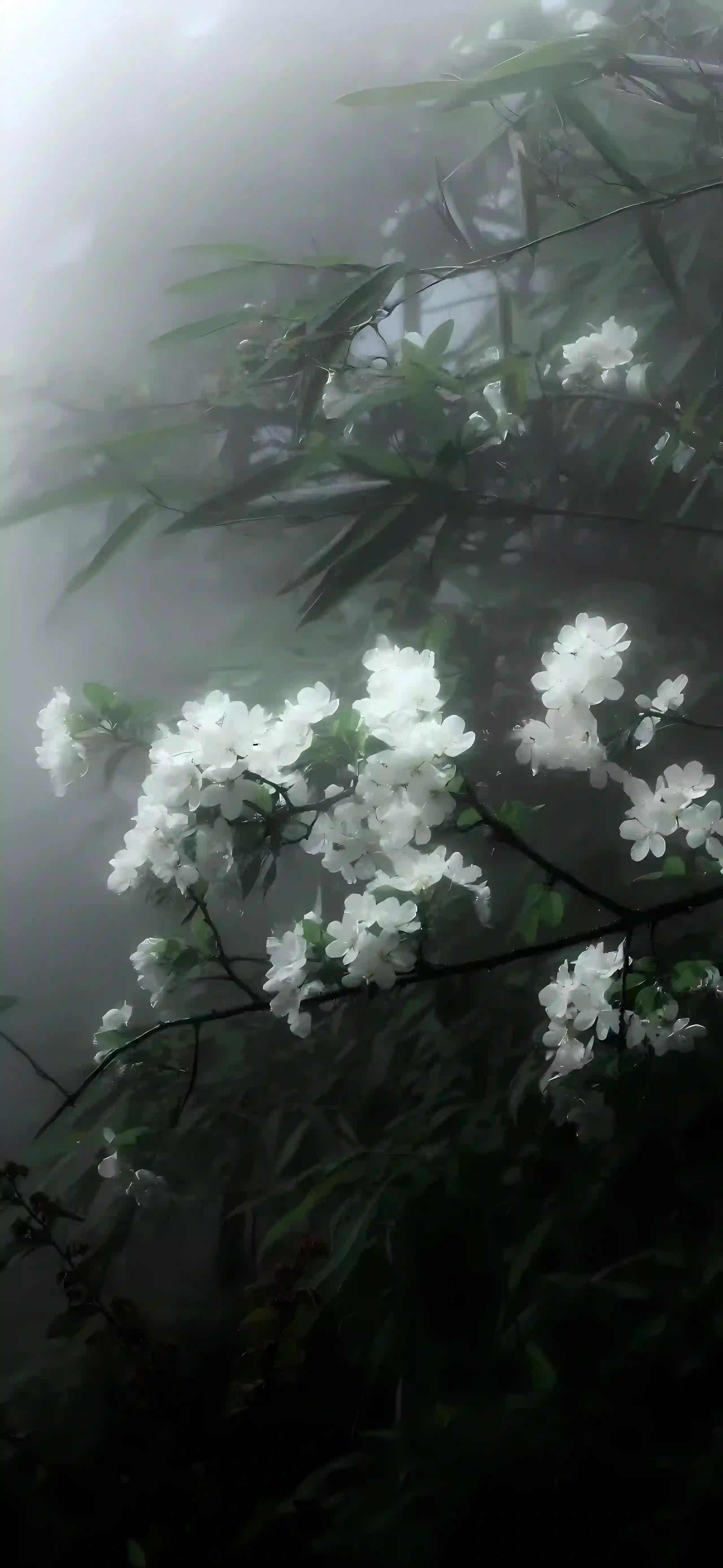 白色花朵 阴雨天 朦胧 绿叶 特写 氛围感 自然