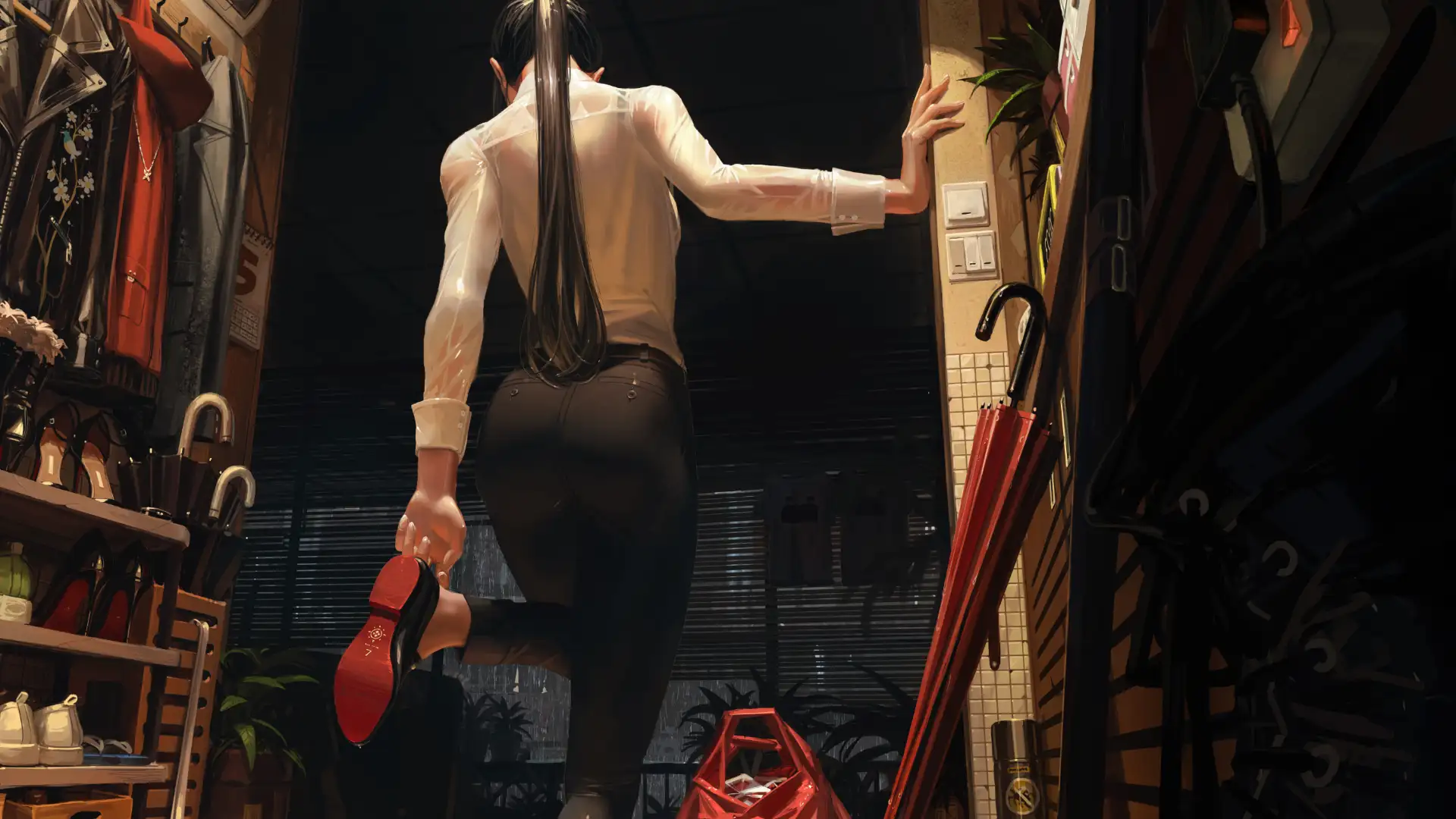 红色高跟鞋长发白衣黑裤女孩｜wlop