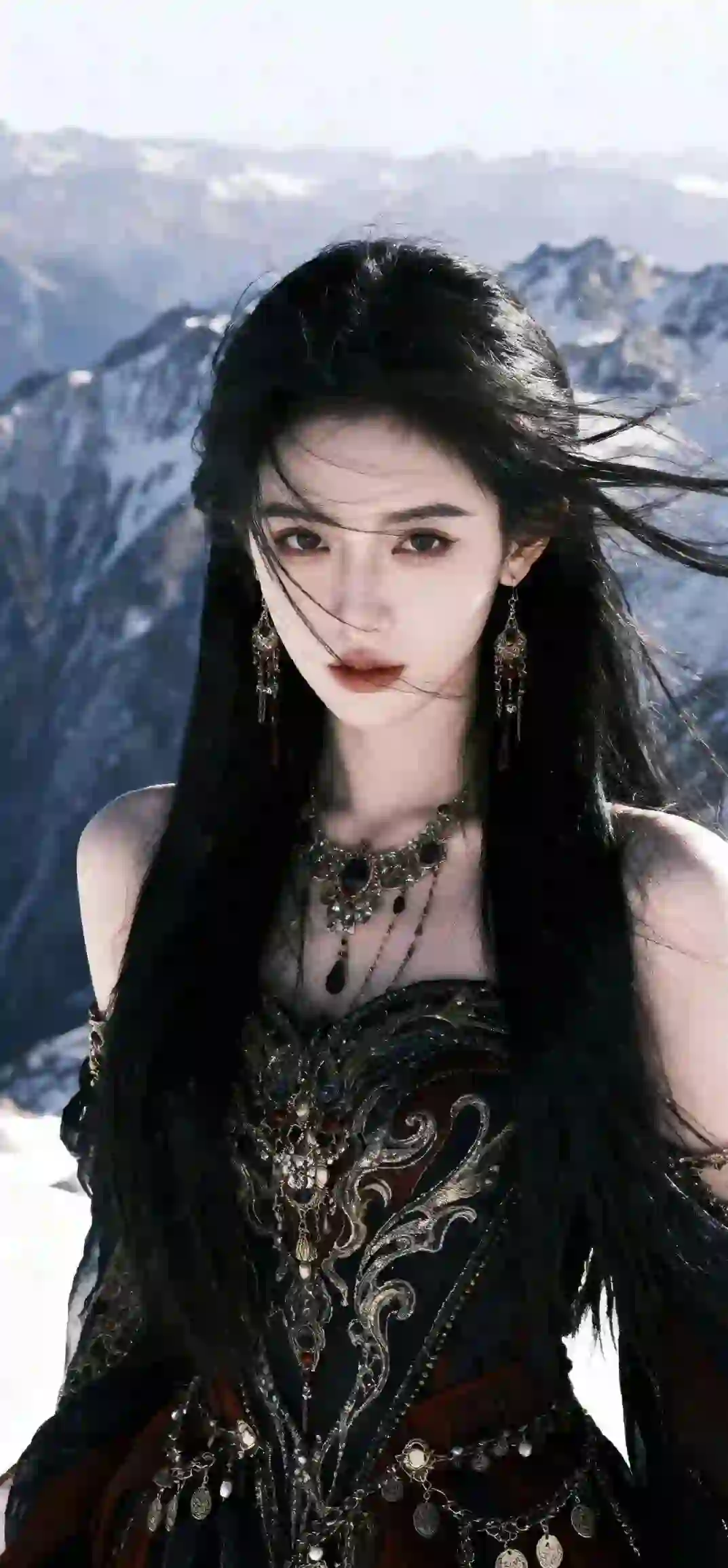 长发美女 性感美女 户外写真 黑色长裙美女