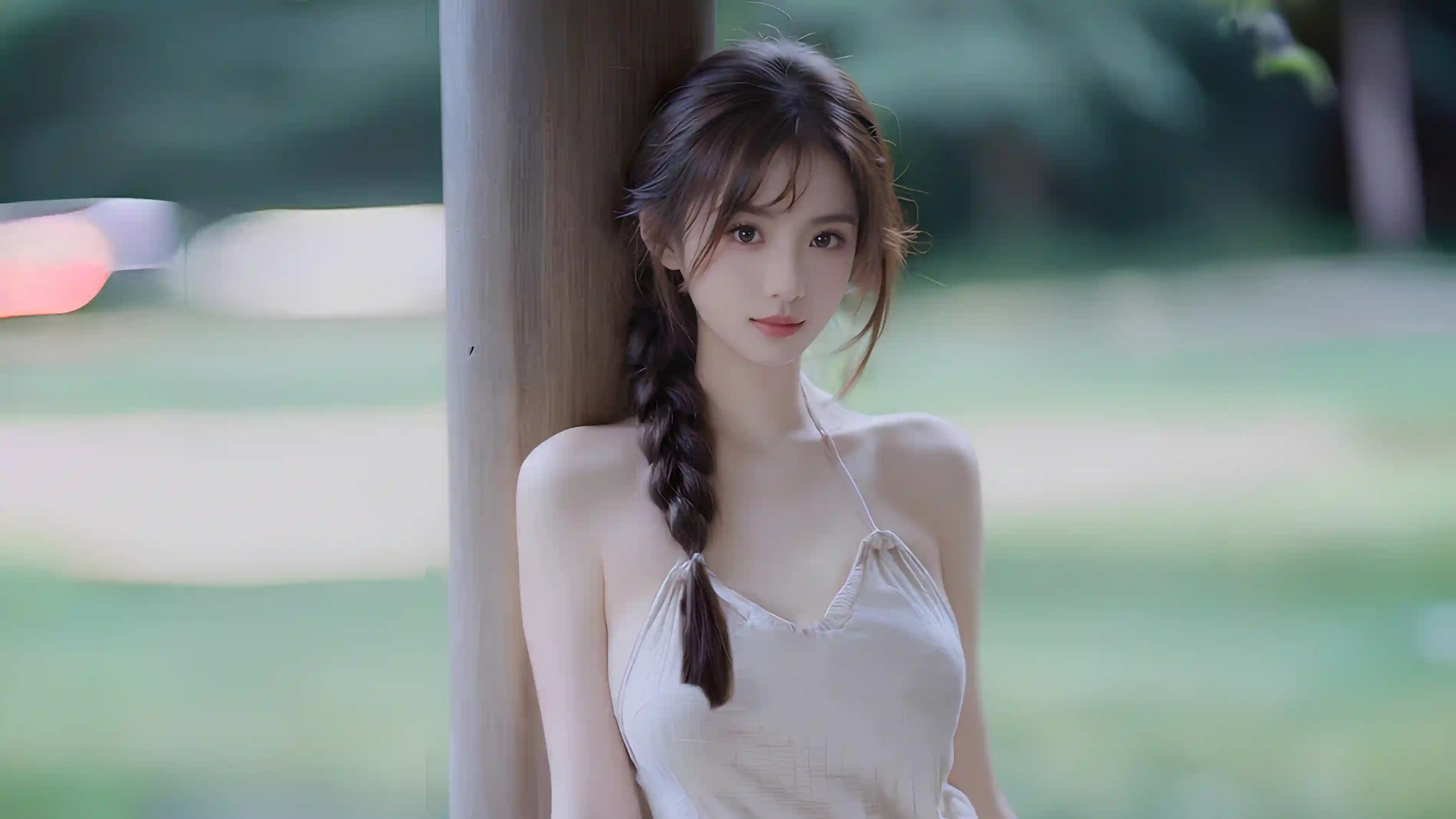 户外 长发美女 白色吊带裙 马尾 清纯美女