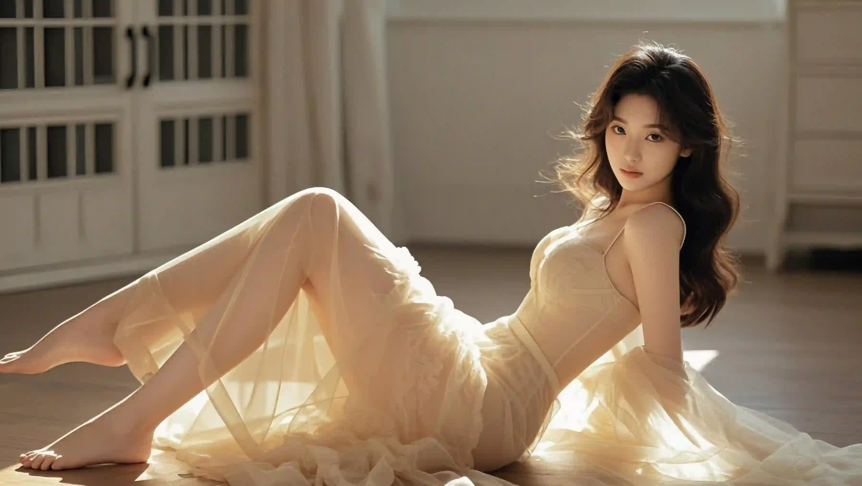 AI 长发美女 长腿美女 居家场景 白色透明长裙