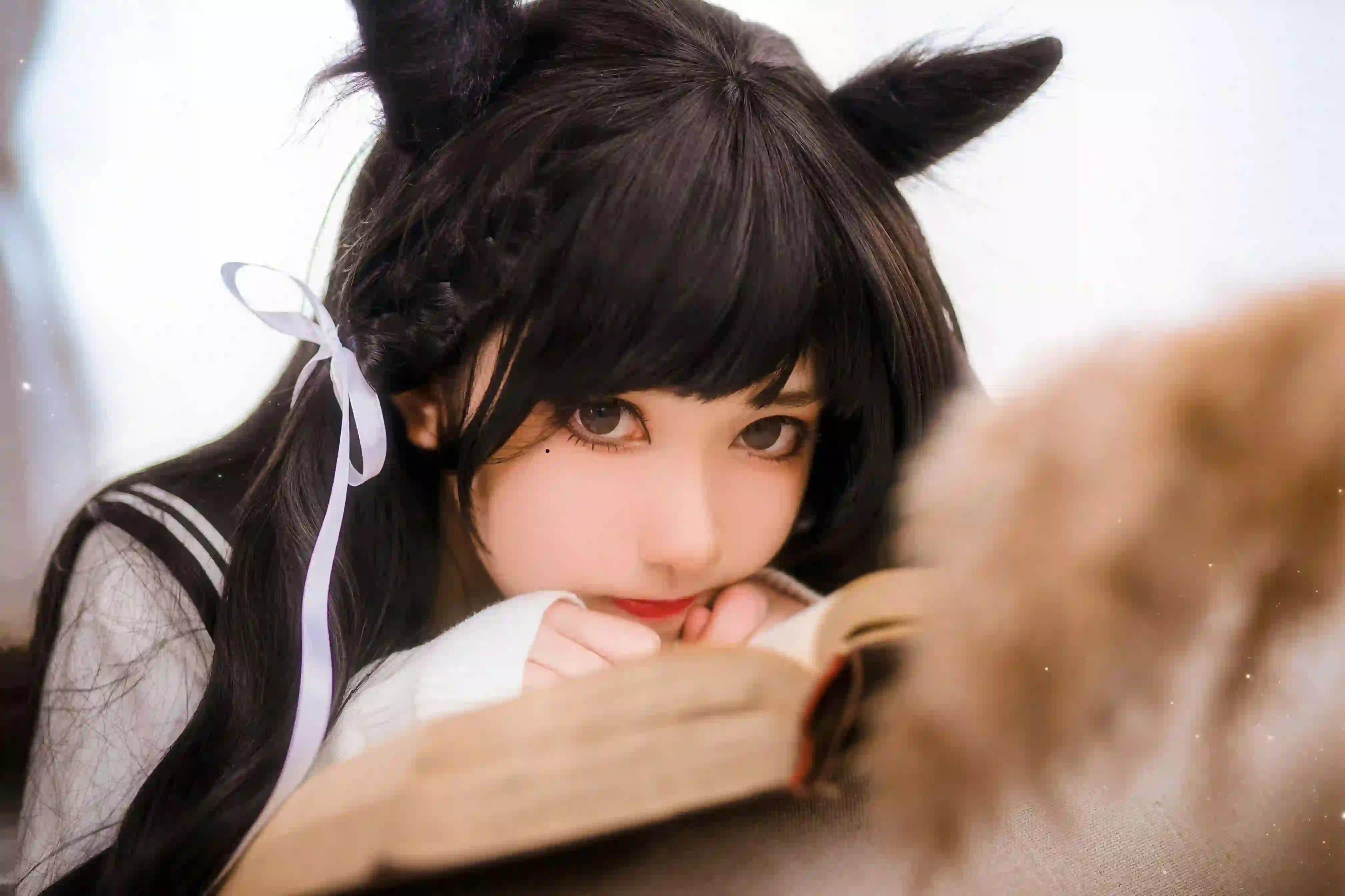可爱 猫耳女孩 长发美女 黑丝美腿 jk穿搭 可爱 白色发带