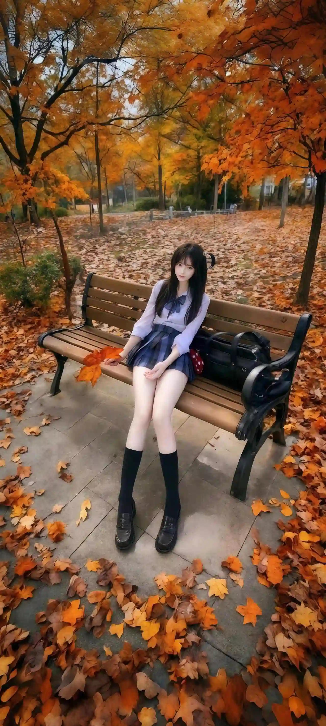 公园椅子上的长发jk美女 夏天 枫叶