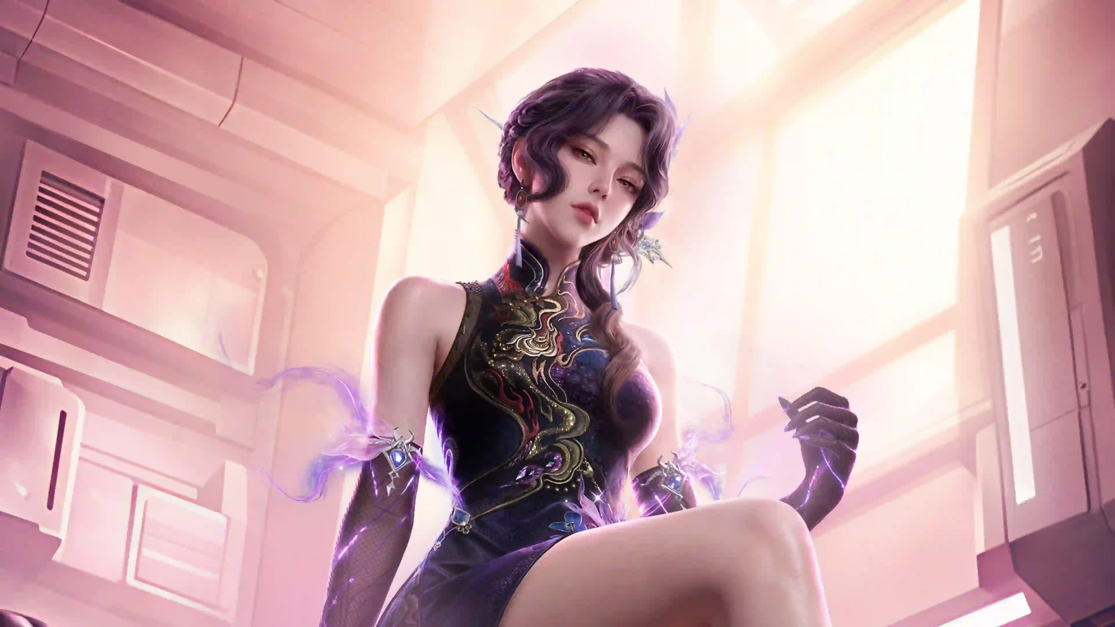 3D游戏 紫发少女 角色壁纸 华丽服饰 紫色光效 科幻背景 魅惑
