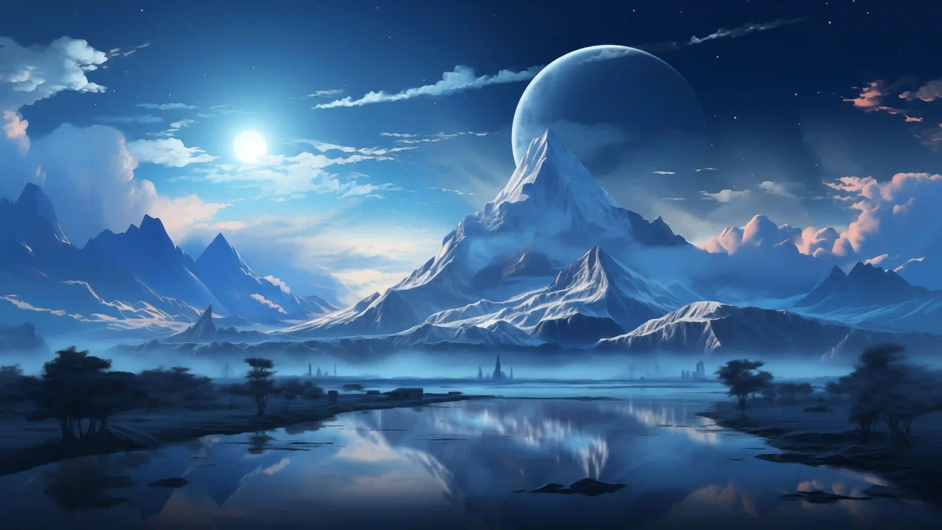 夜景 山脉 月亮 行星 科幻 壁纸