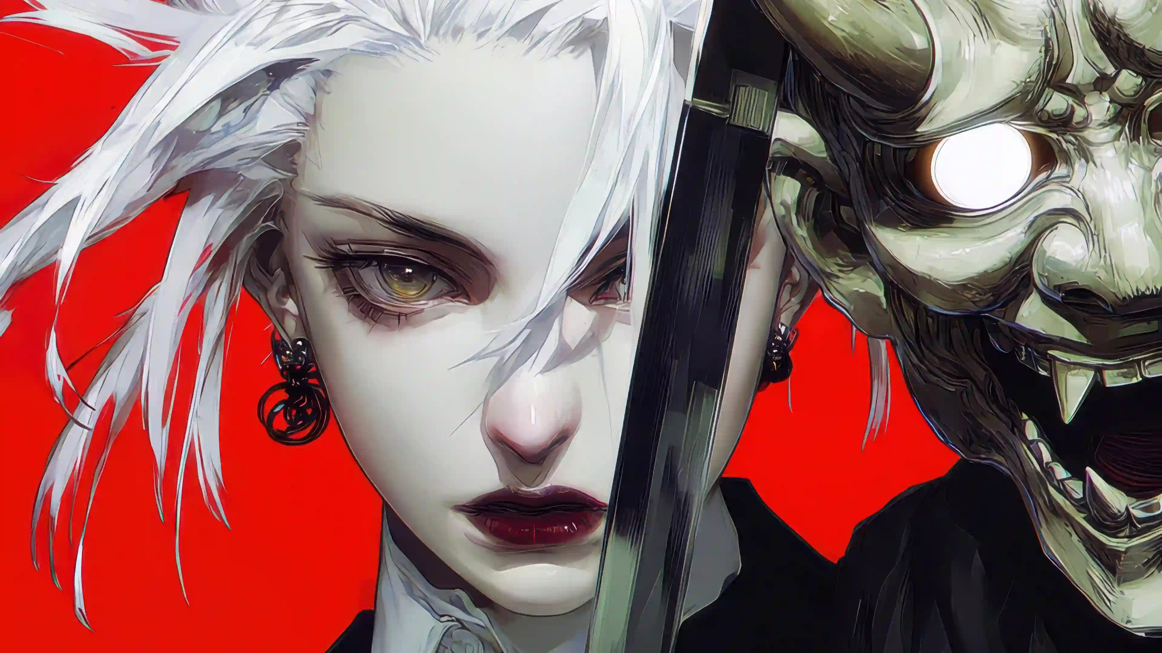 暗黑风格 动漫插画 白发女角色 红色背景 魔物 热血战斗