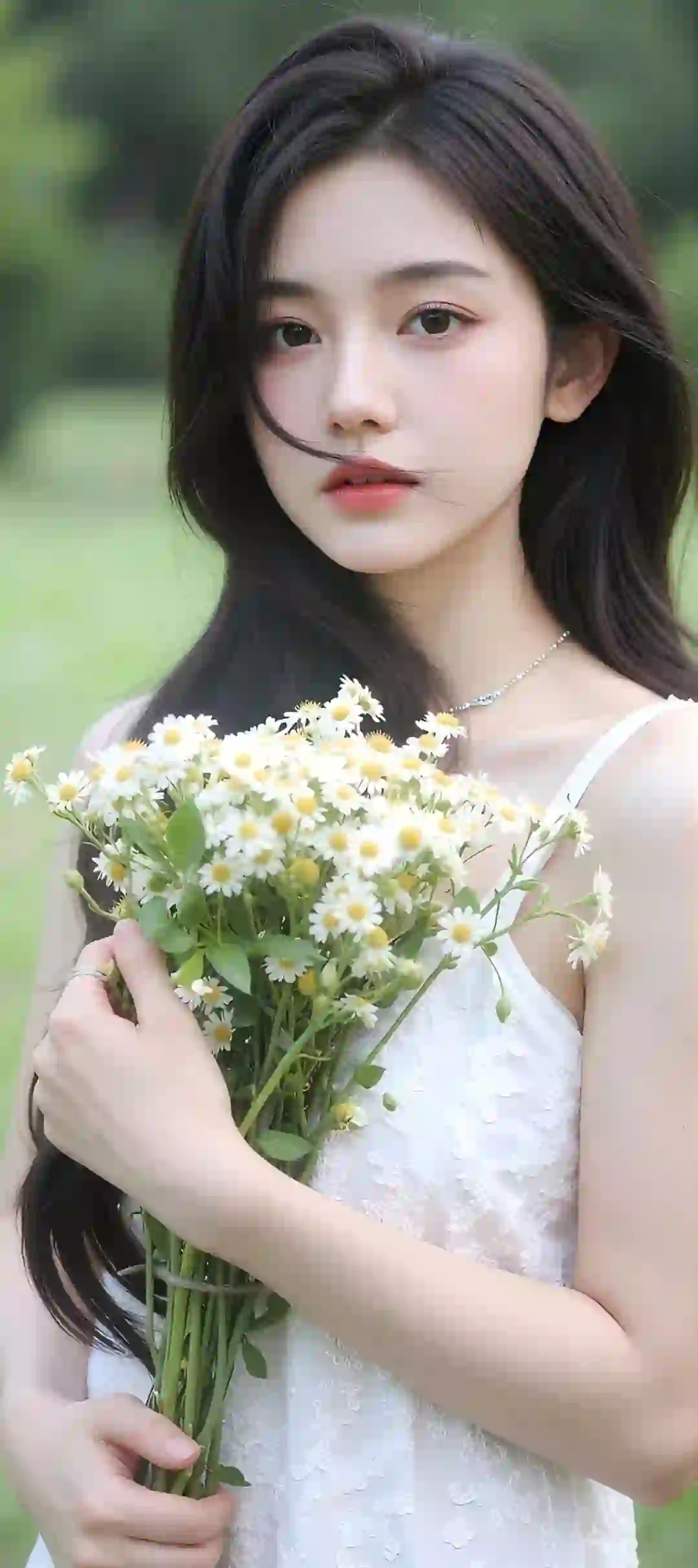 长发美女 手捧鲜花 白色吊带