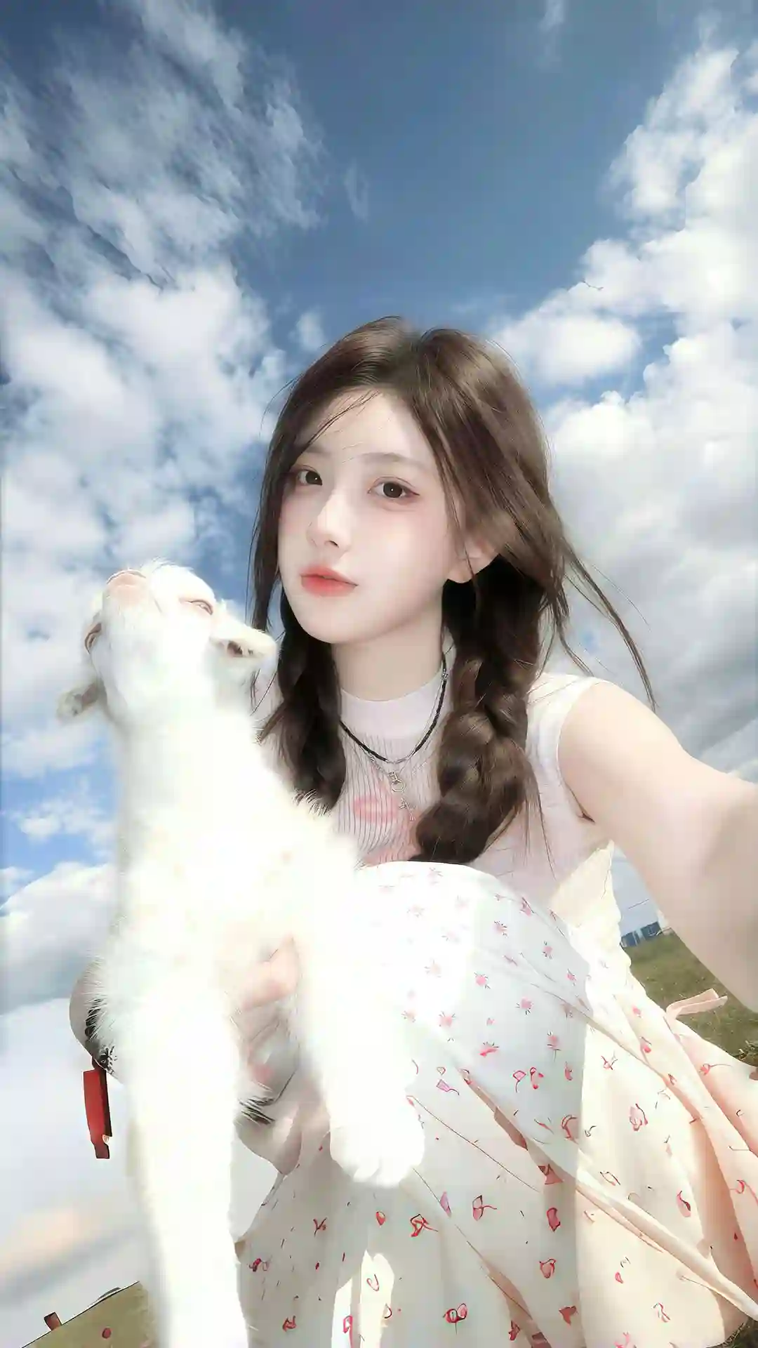 长发女孩 小羊羔 碎花裙 马尾辫女孩 天空 云朵