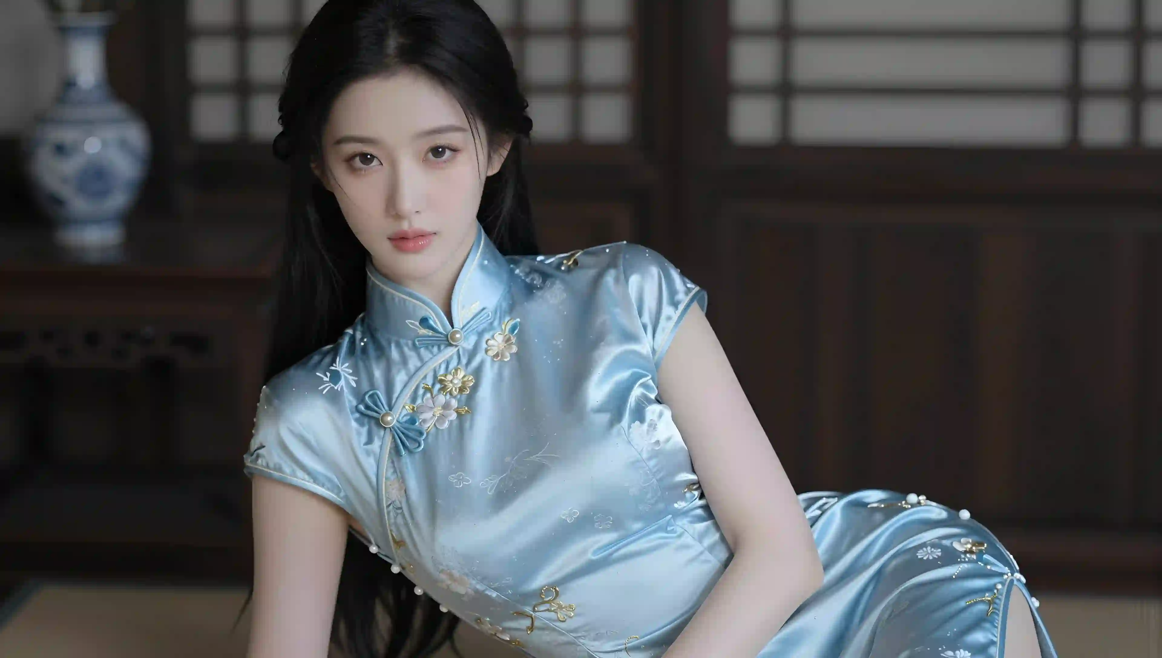 淡蓝旗袍 古典美女 刺绣花卉 唯美人像 中式风格