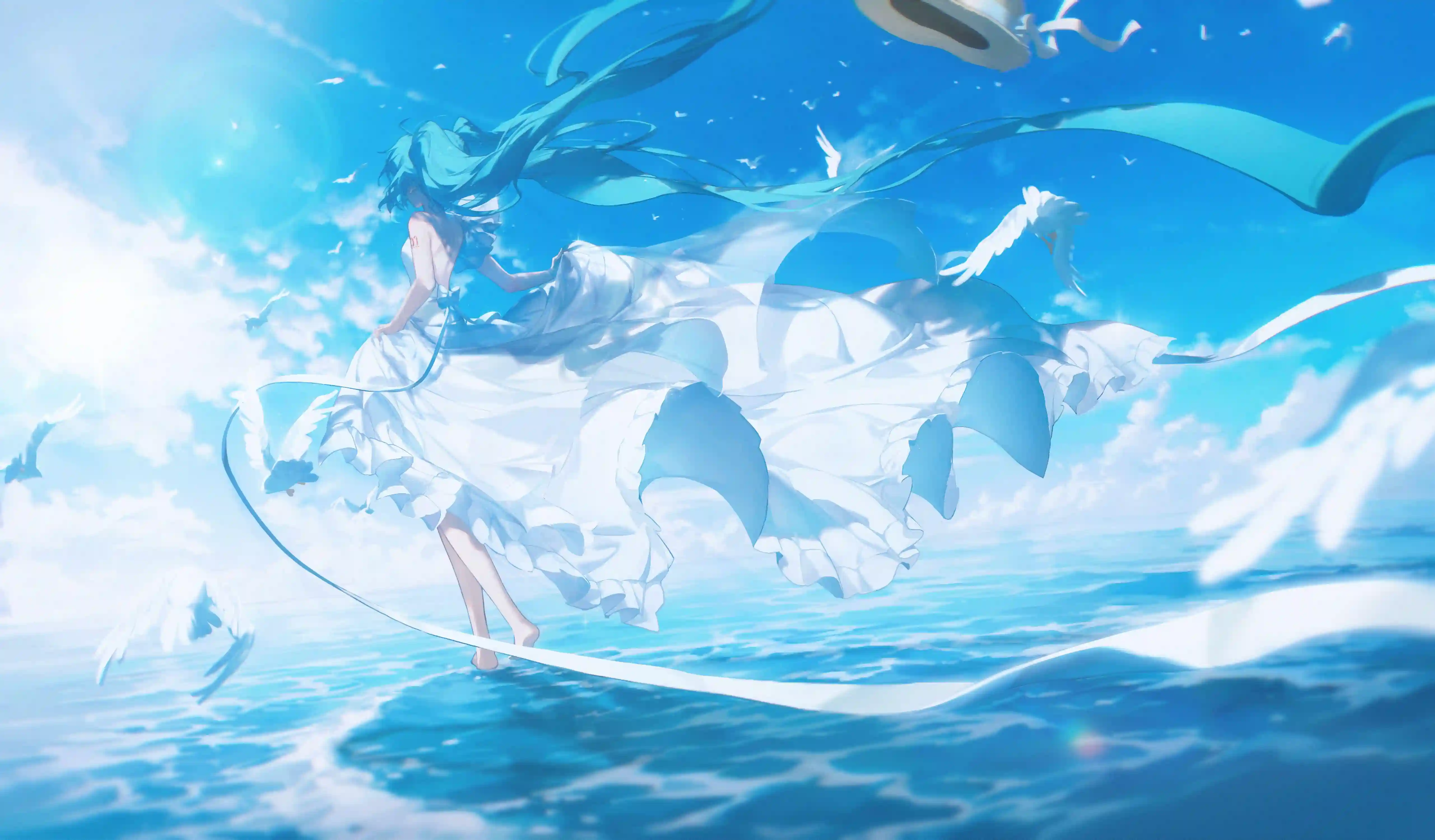 动漫女孩 海水 二次元女孩 初音未来 蓝色背景