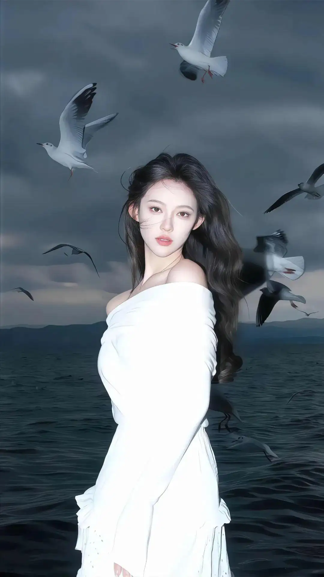 海边长发白衣美女｜海｜白色裙子