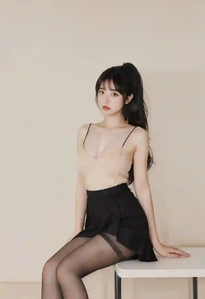 长发美女 黑丝 白色吊带装 黑色小短裙 