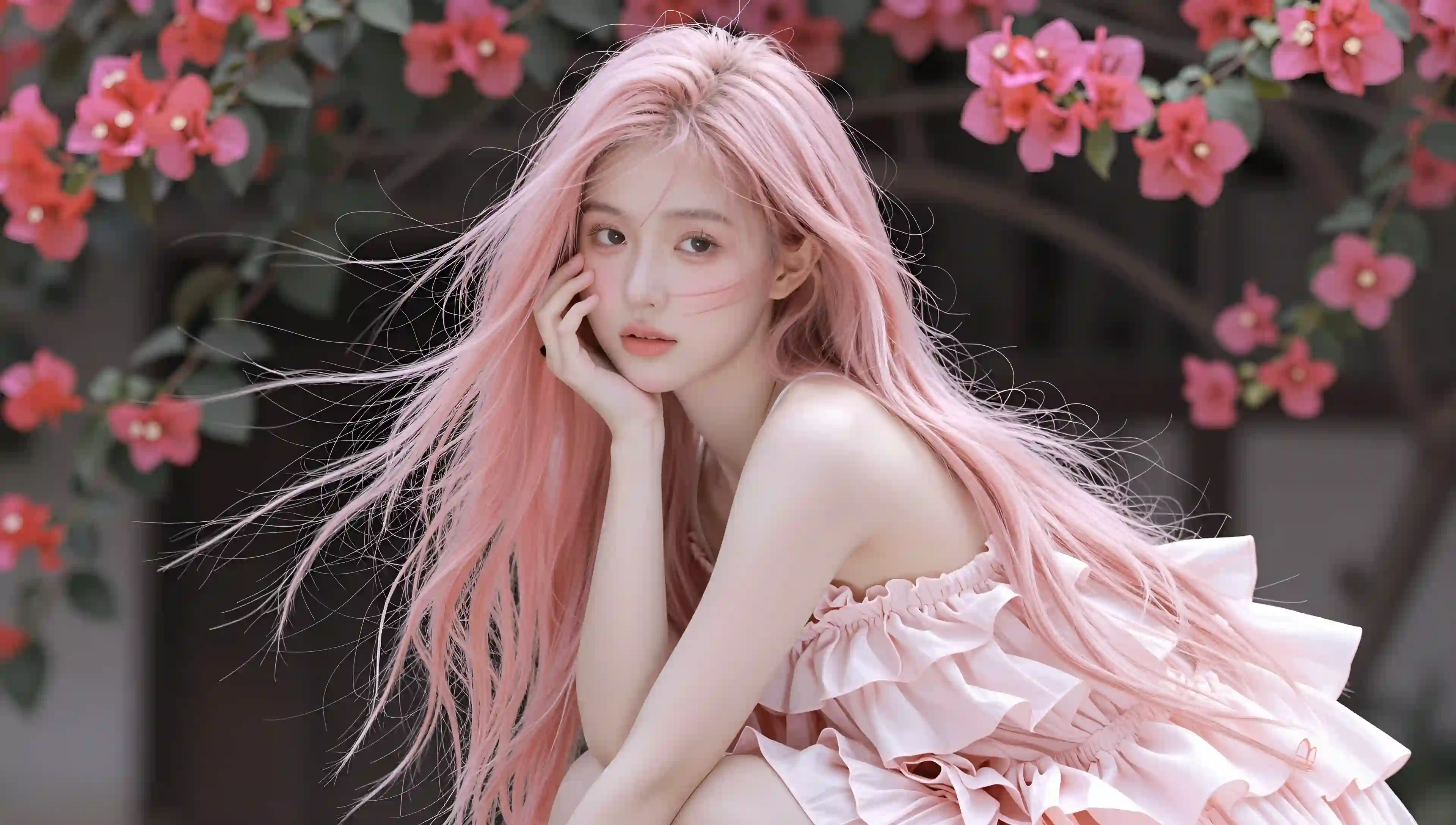 粉发少女 花朵背景 唯美写真 壁纸