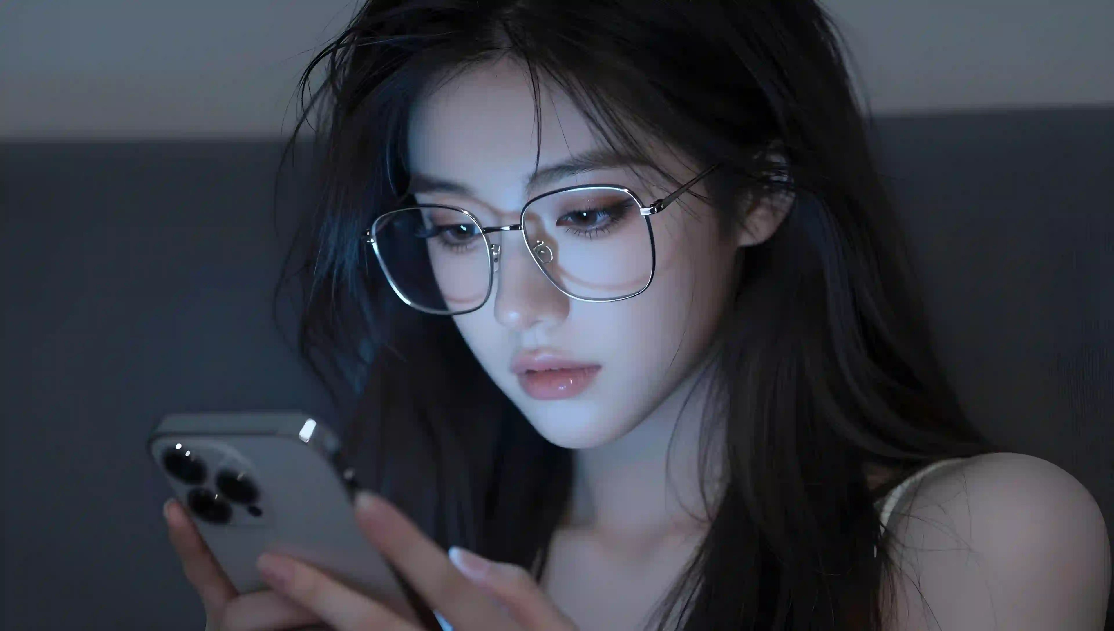 眼镜美女 夜间玩手机 冷调光线 人像摄影 氛围感