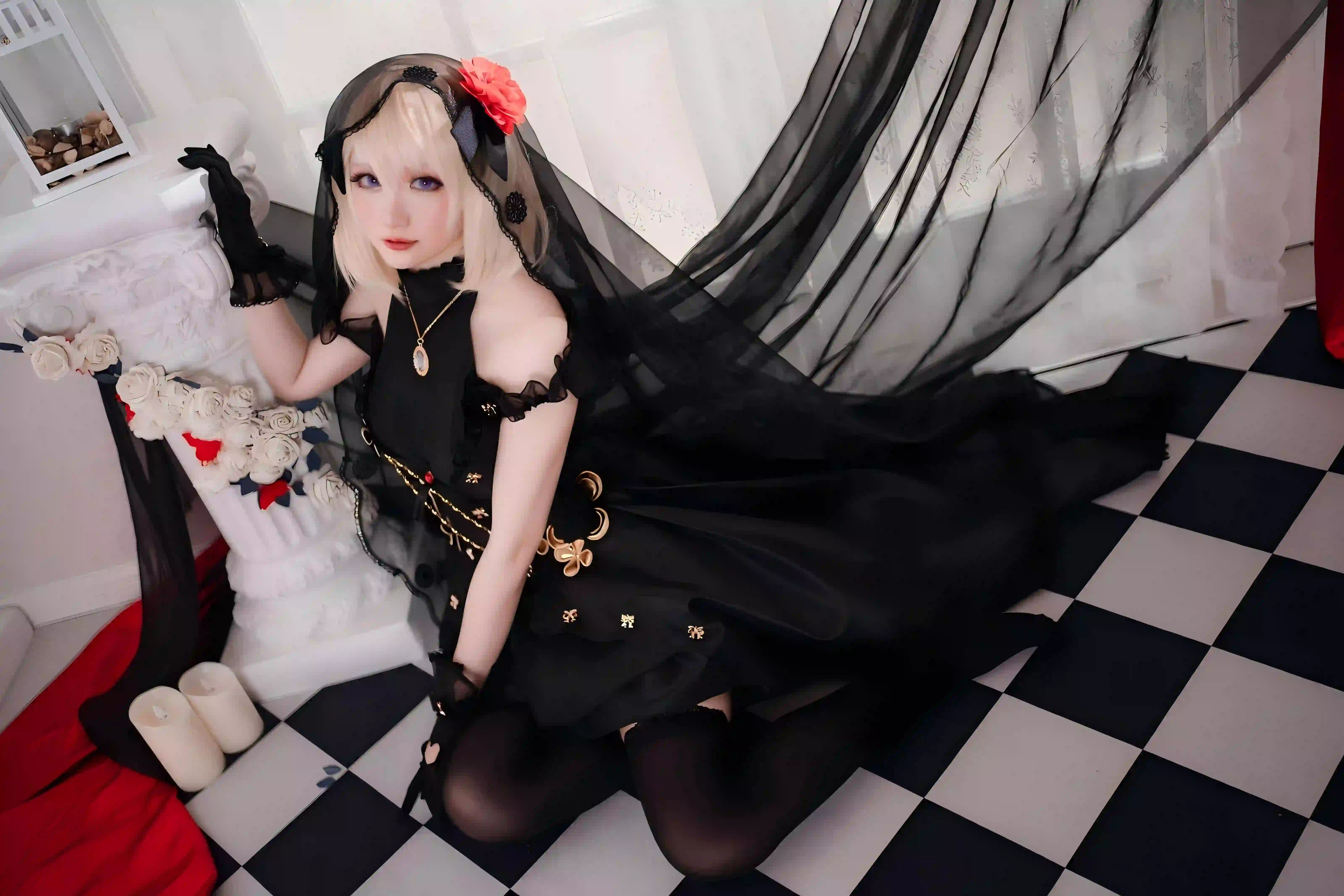 长发美女 长腿美女 黑色丝袜 红色花朵 2