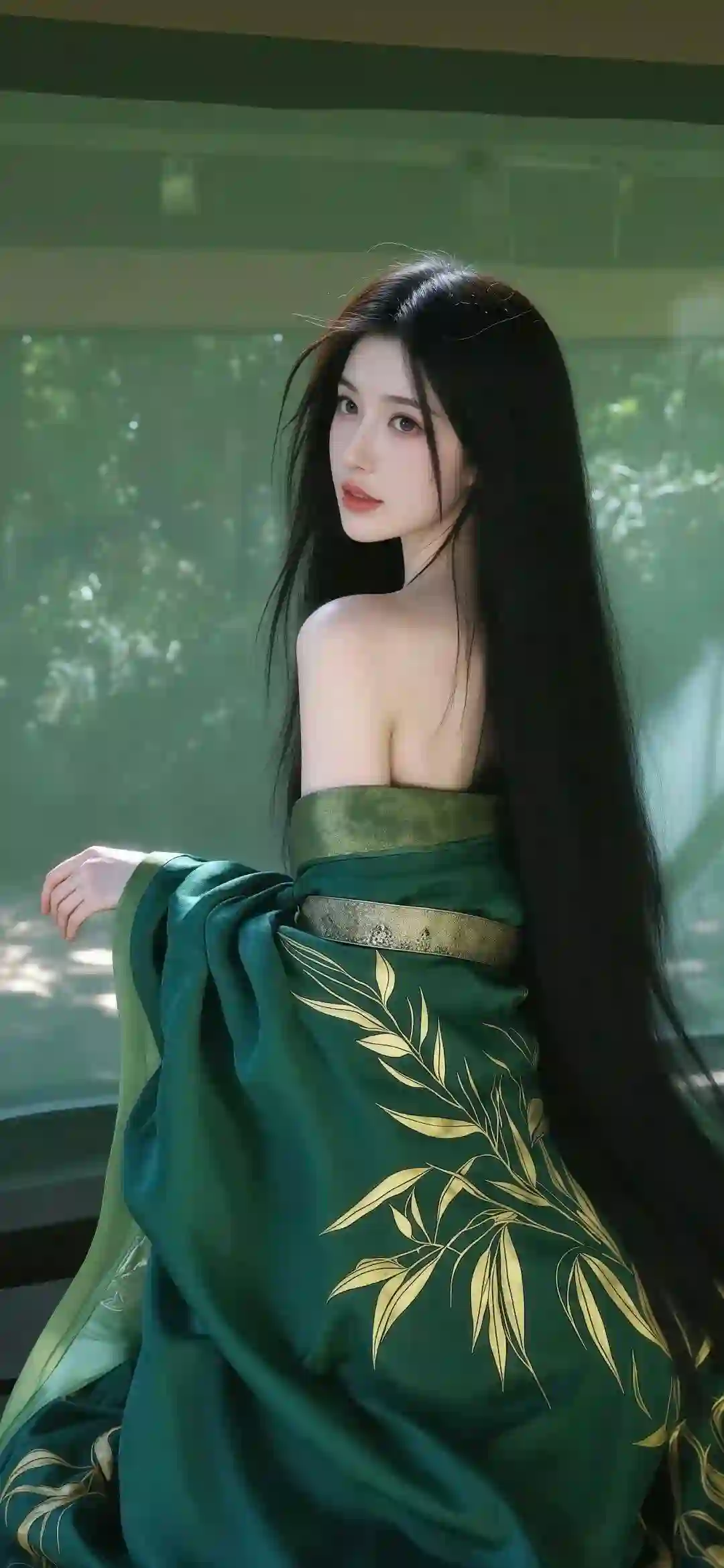 古风美女 绿衣 竹纹 抹胸长裙 回眸 壁纸