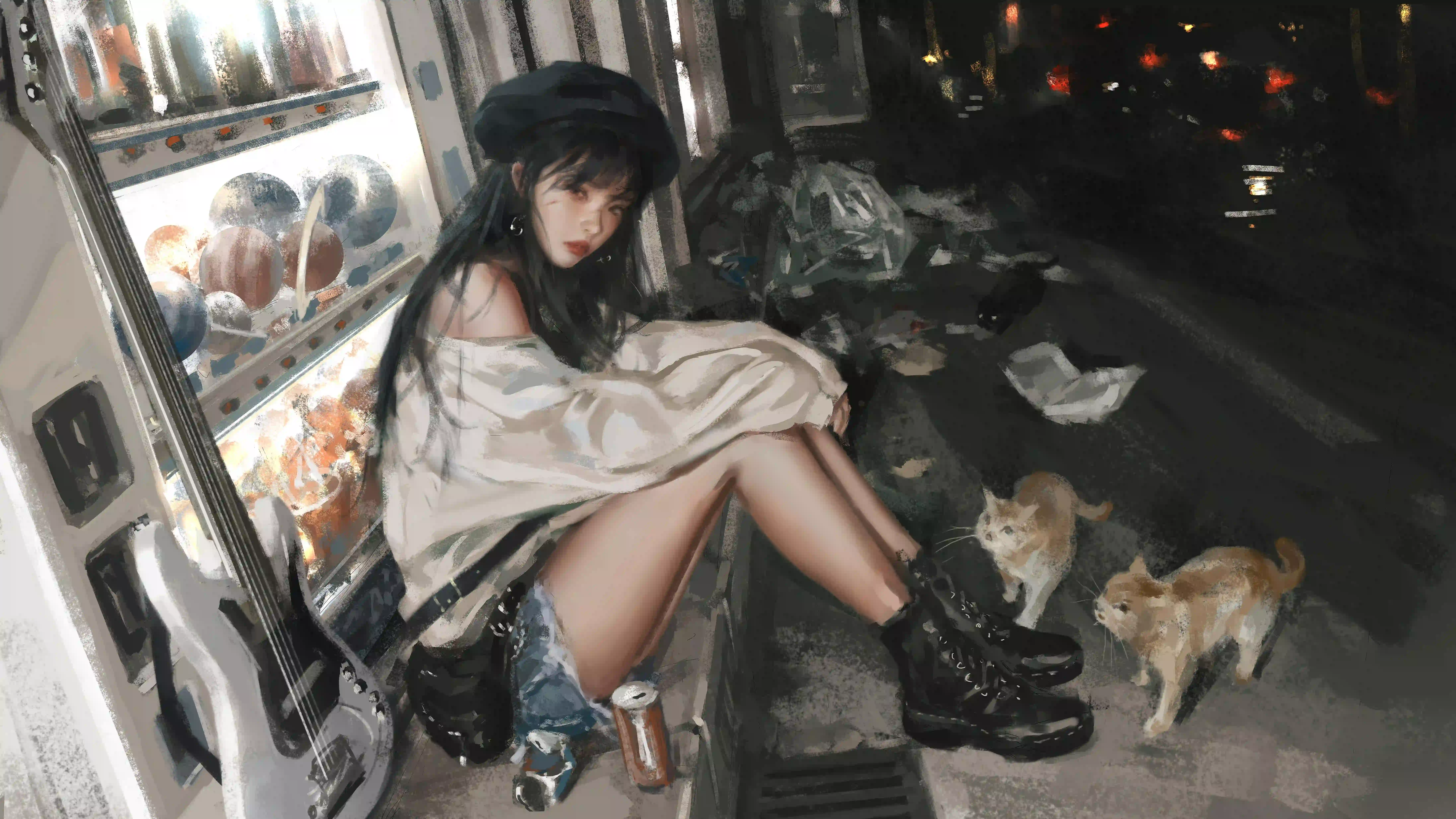流浪猫 动漫女孩 牛仔穿搭 街道 wlop
