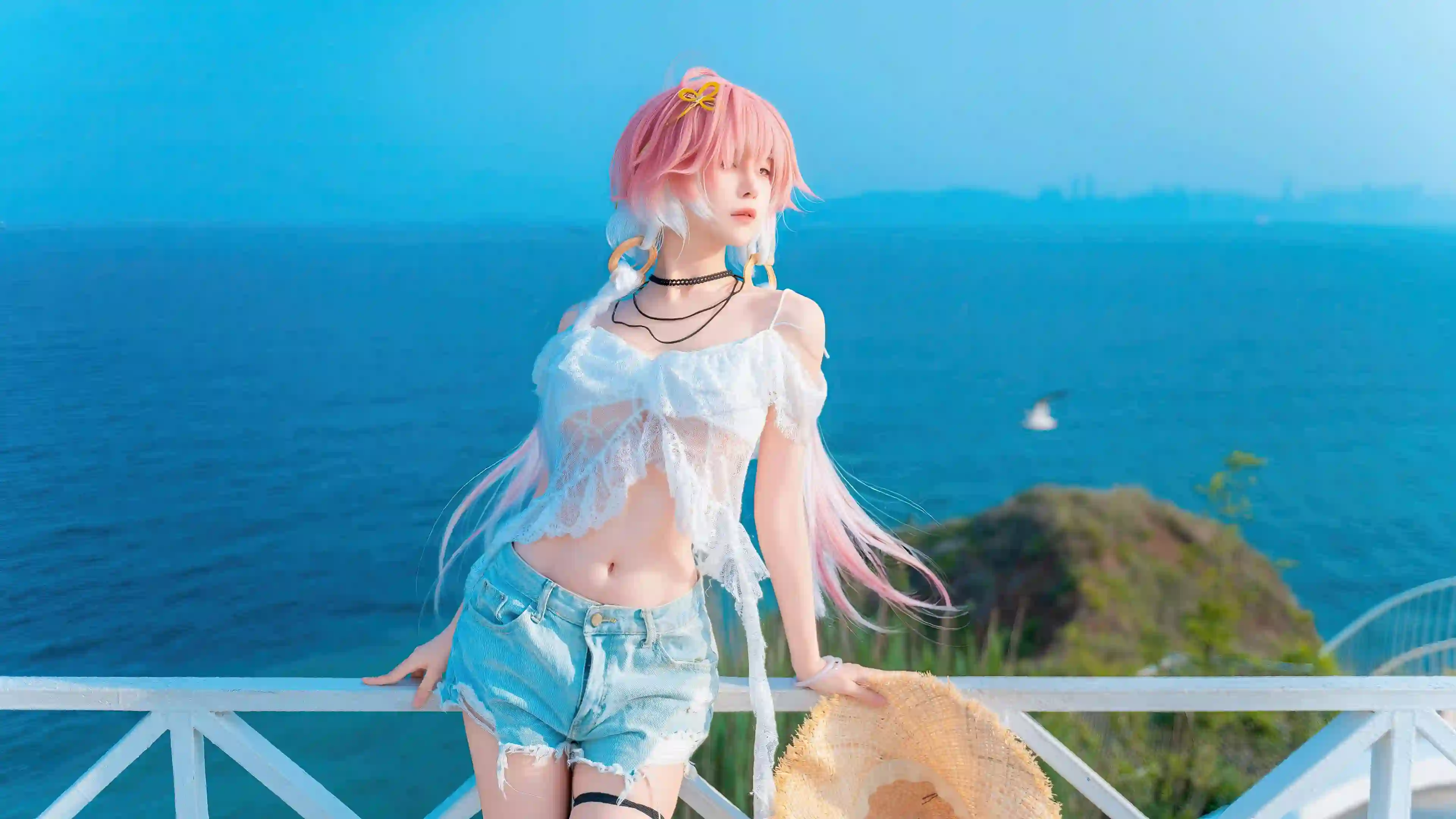 cosplay 粉色头发 海边 夏日少女 清新写真